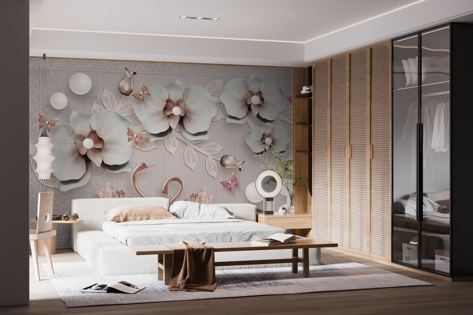 Fototapet lebedele decorate cu aur înoată printre flori de apă