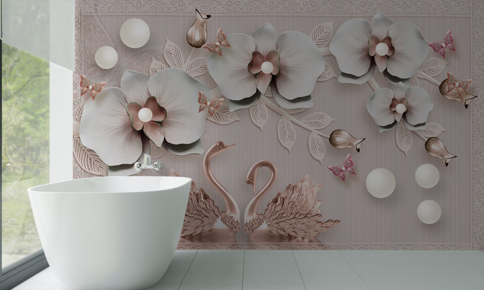 Fototapet lebedele decorate cu aur înoată printre flori de apă