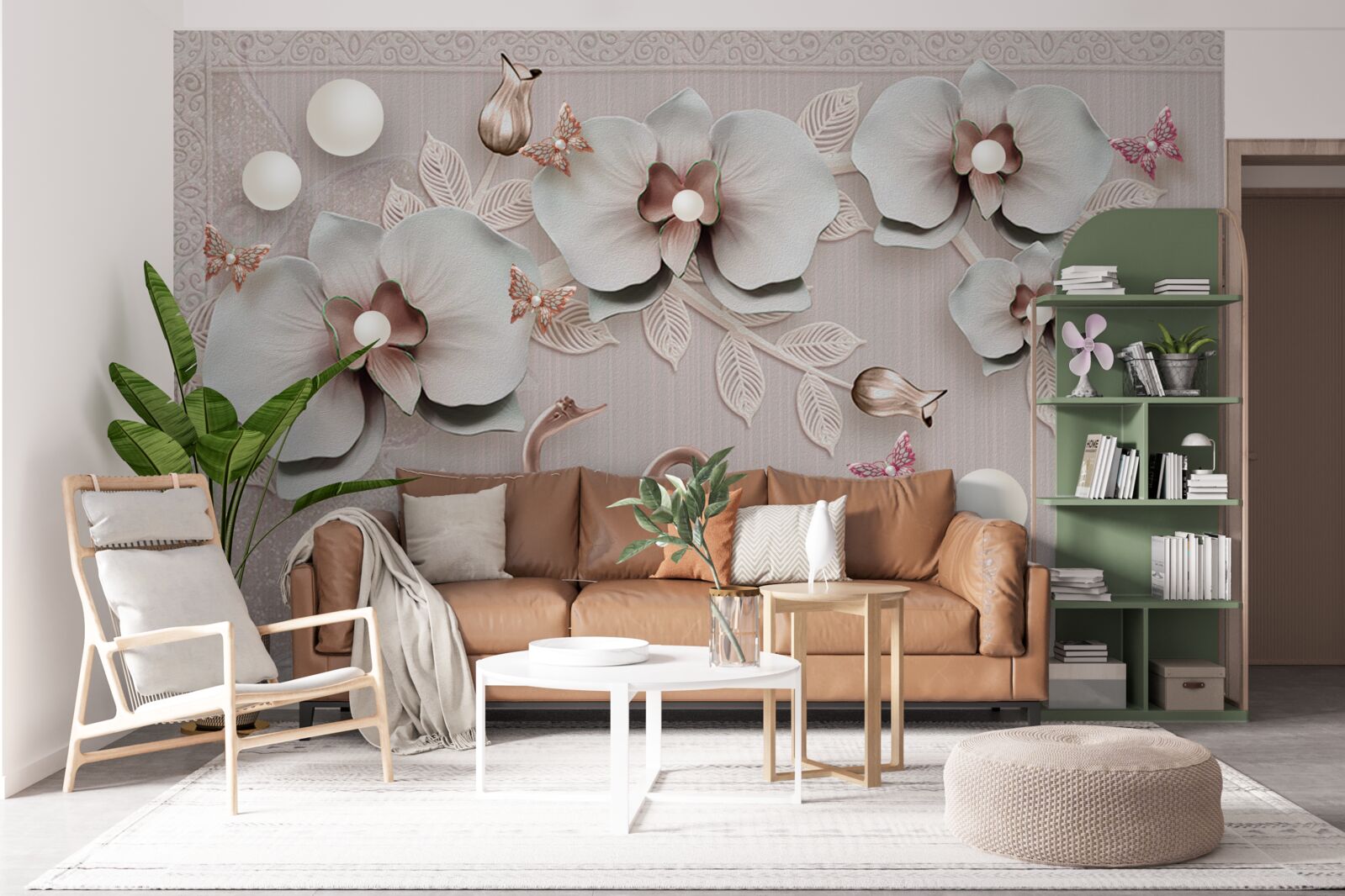 Fototapet lebedele decorate cu aur înoată printre flori de apă