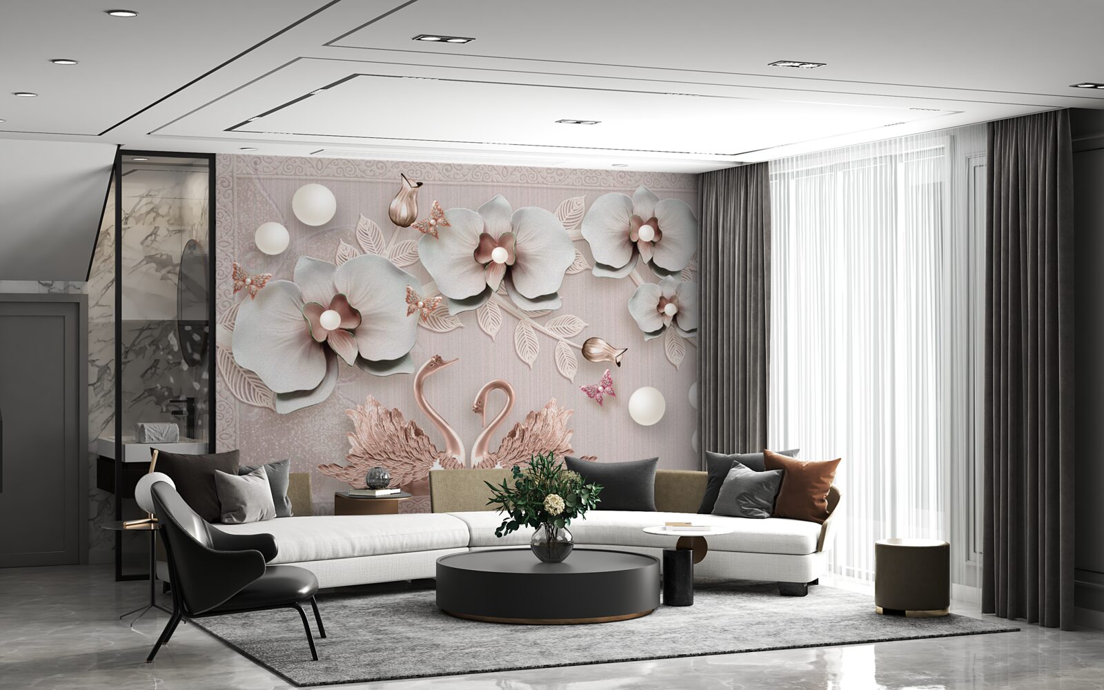 Fototapet lebedele decorate cu aur înoată printre flori de apă