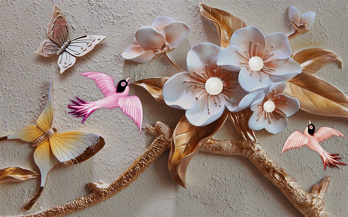 Fototapet florile aduc bucurie fluturilor și rândunicilor