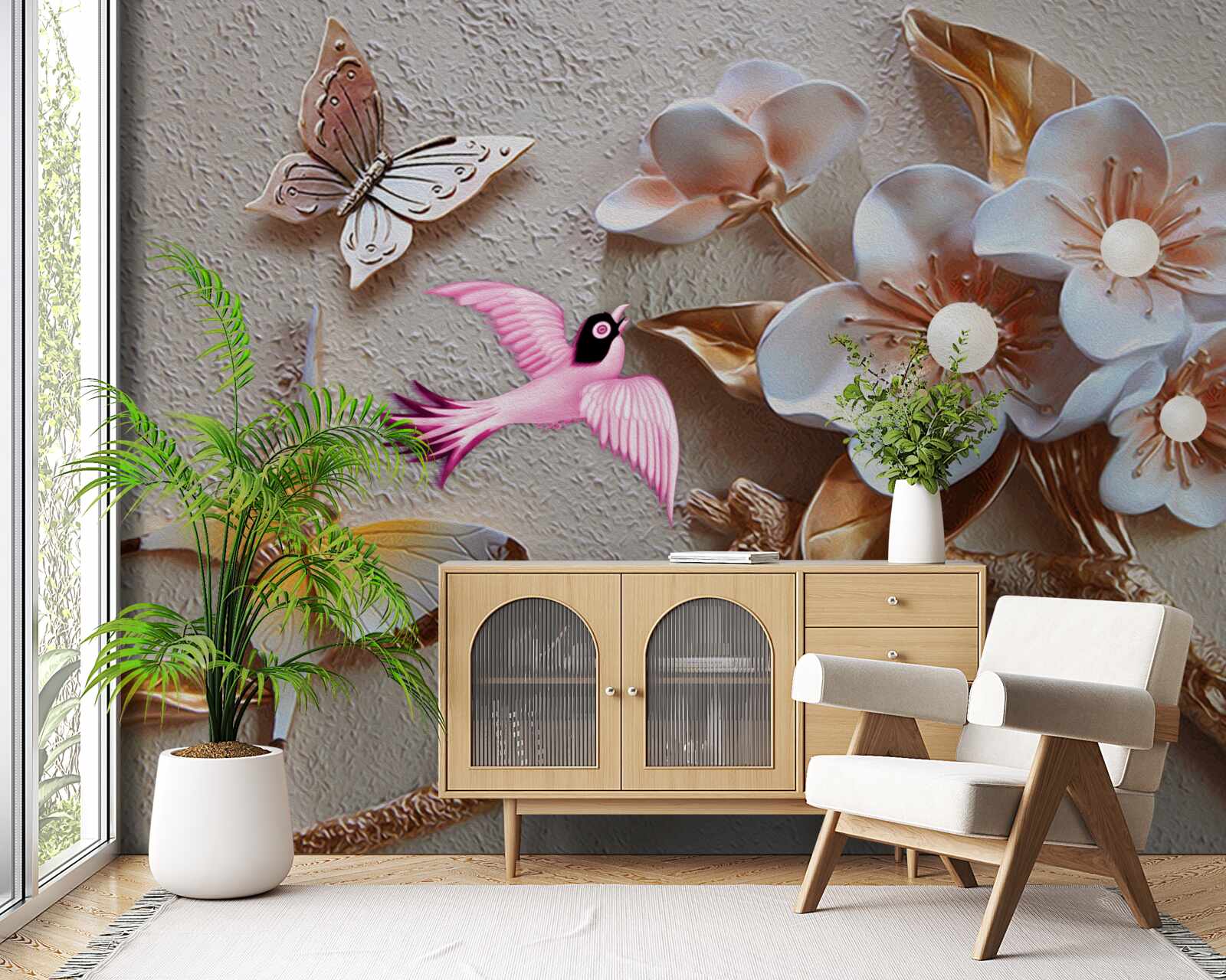 Fototapet florile aduc bucurie fluturilor și rândunicilor