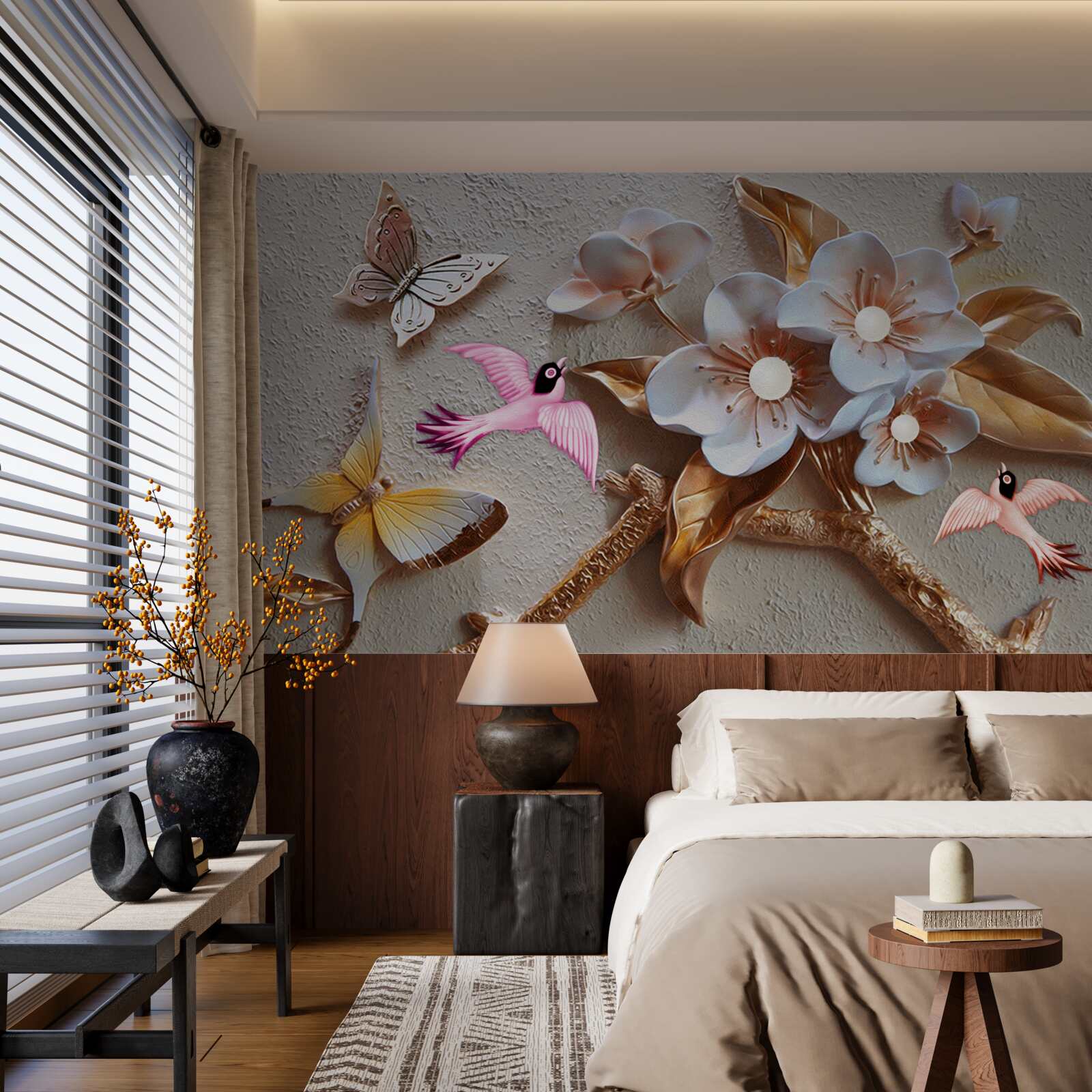 Fototapet florile aduc bucurie fluturilor și rândunicilor