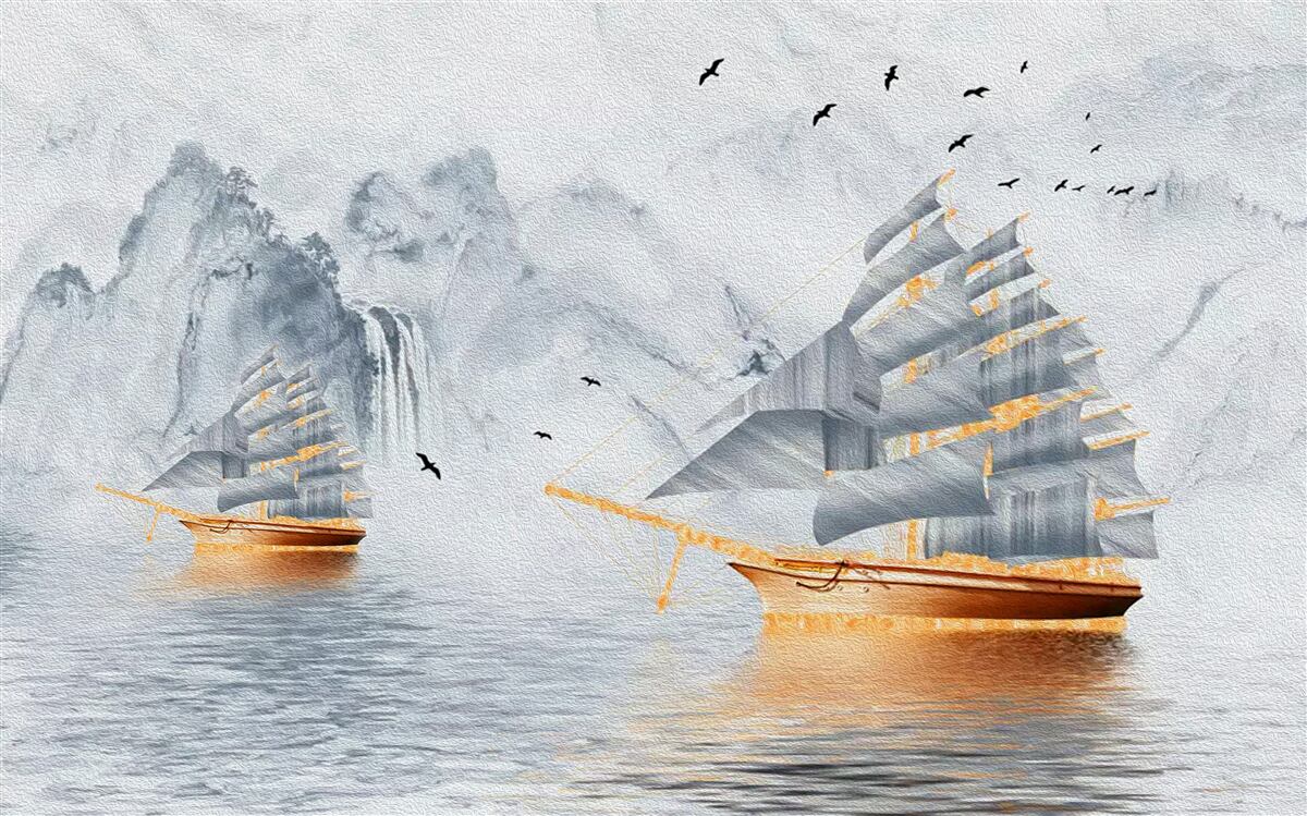 Fototapet o navă pitorească iese din port