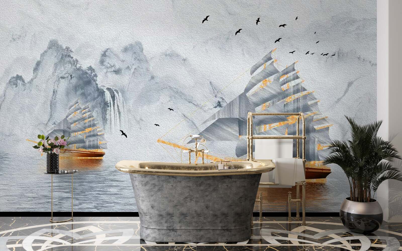 Fototapet o navă pitorească iese din port