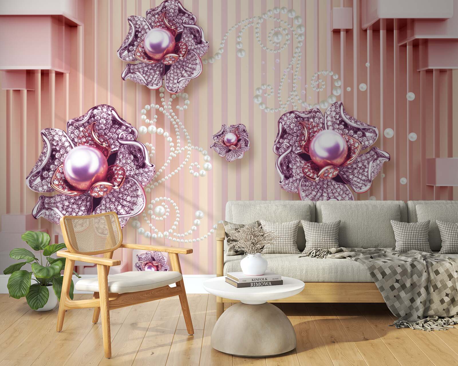 Fototapet flori cu diamante și perle pe un fundal roz