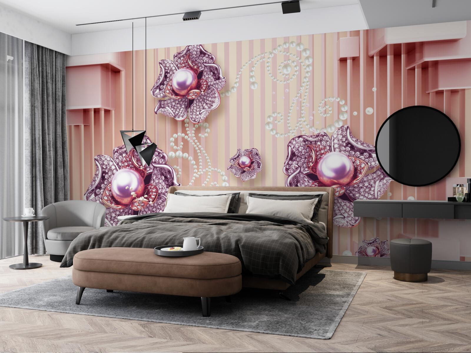 Fototapet flori cu diamante și perle pe un fundal roz