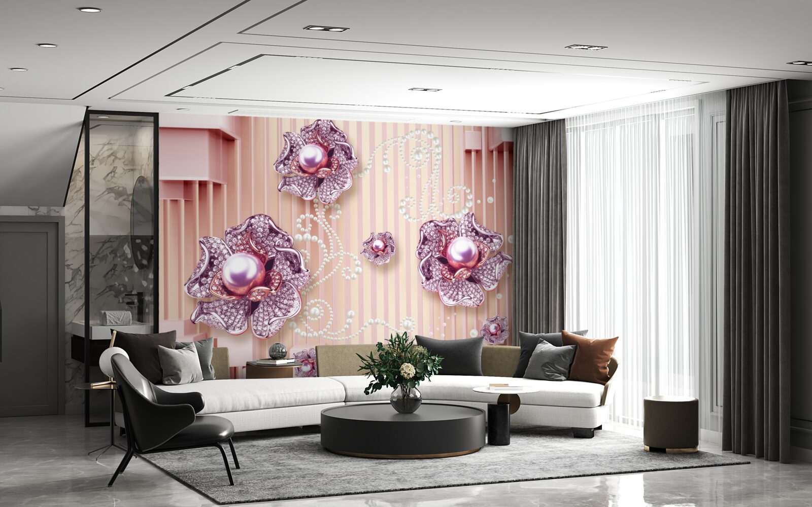 Fototapet flori cu diamante și perle pe un fundal roz