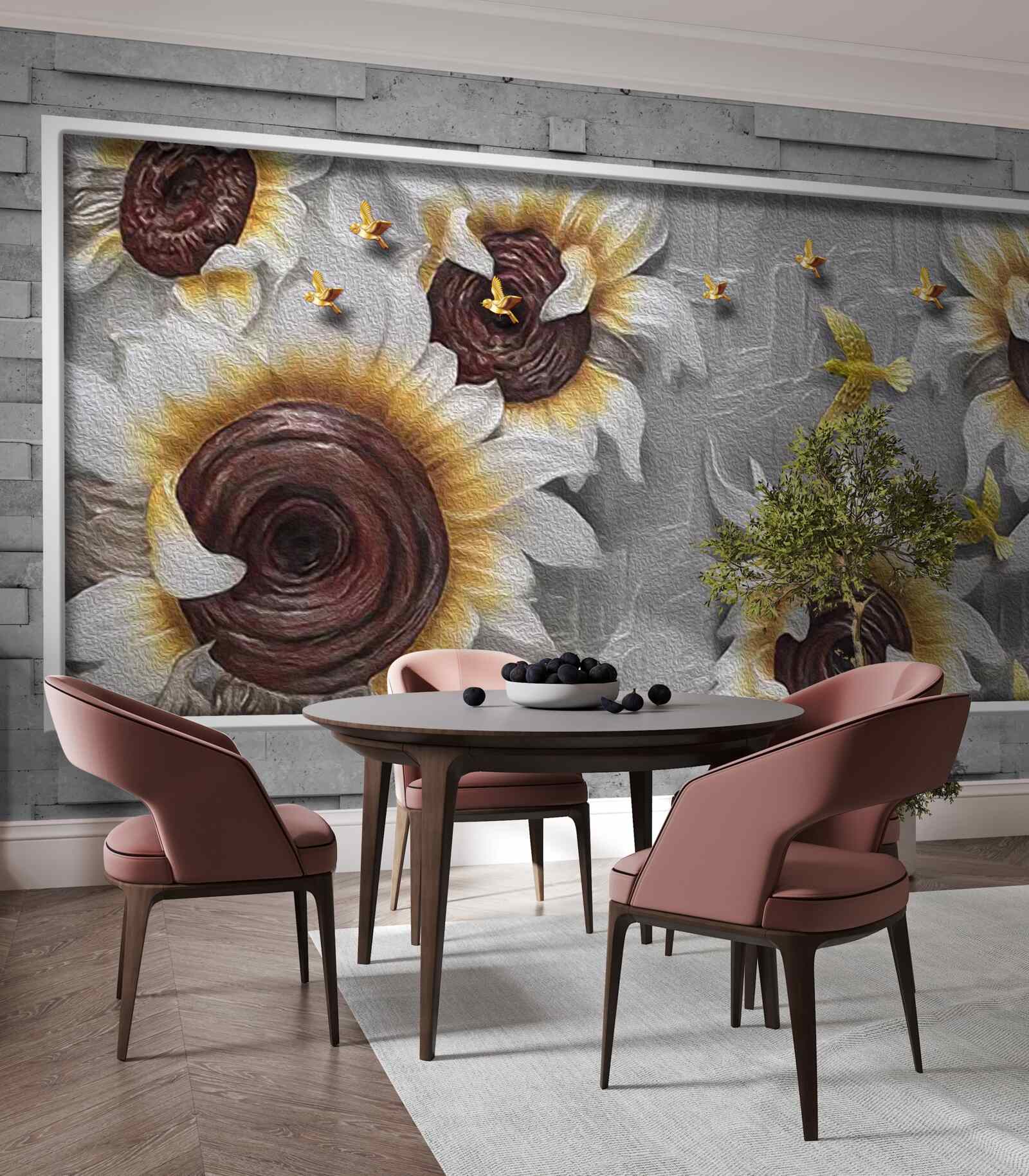 Fototapet floarea-soarelui albă și fluturi