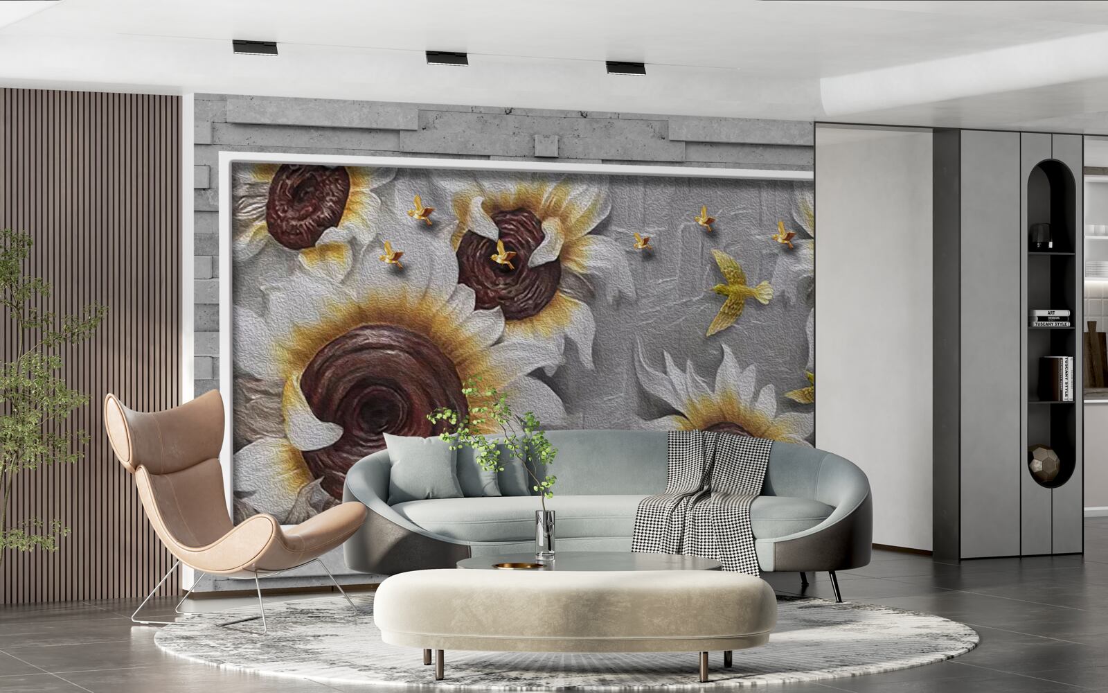 Fototapet floarea-soarelui albă și fluturi