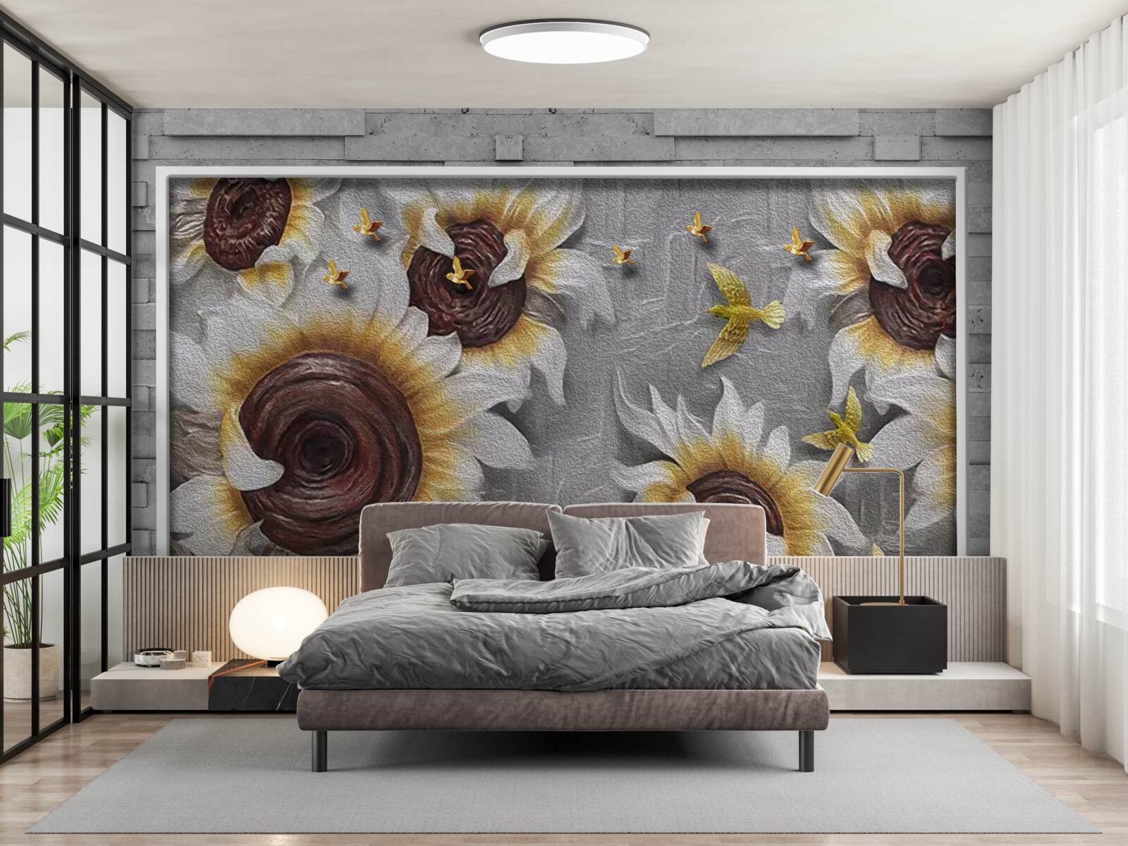 Fototapet floarea-soarelui albă și fluturi