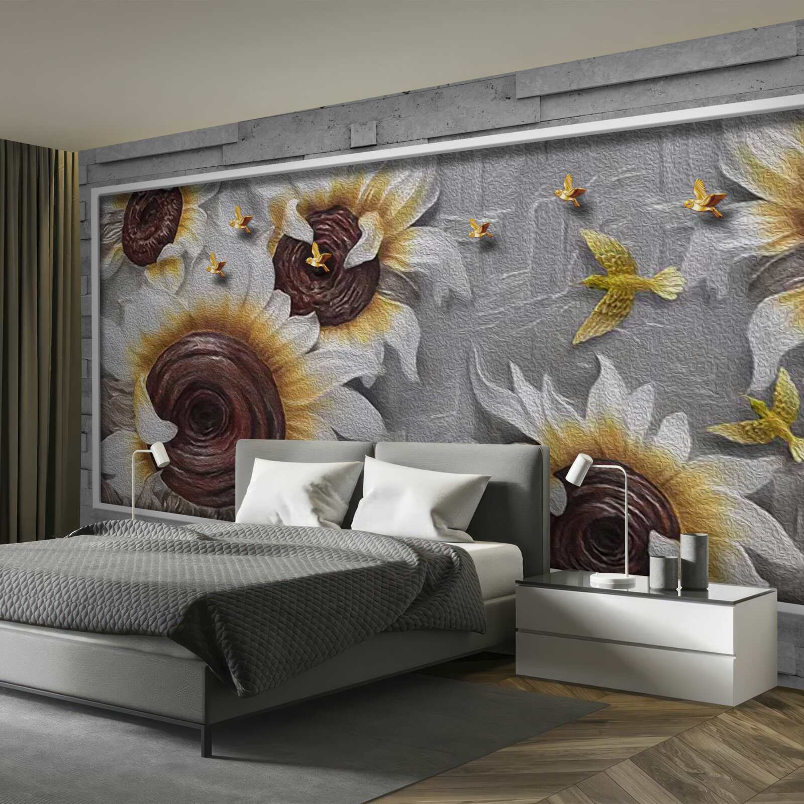 Fototapet floarea-soarelui albă și fluturi