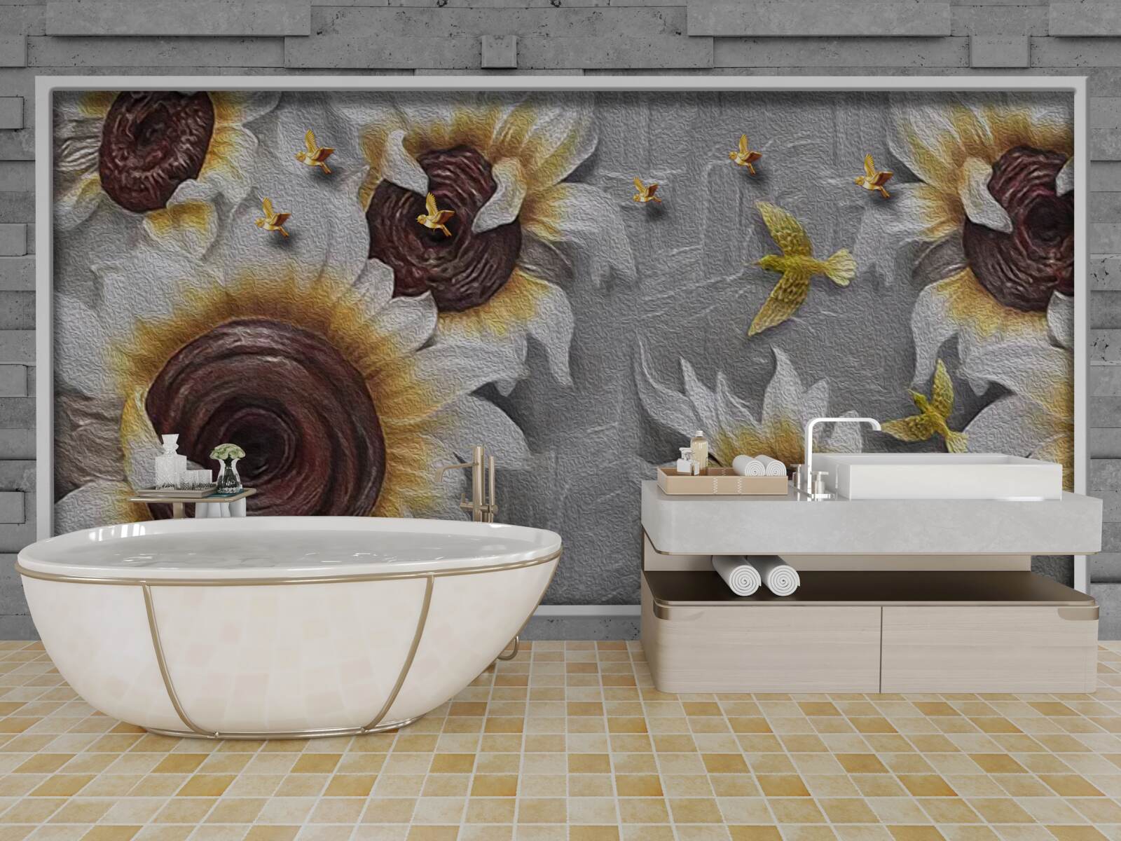 Fototapet floarea-soarelui albă și fluturi