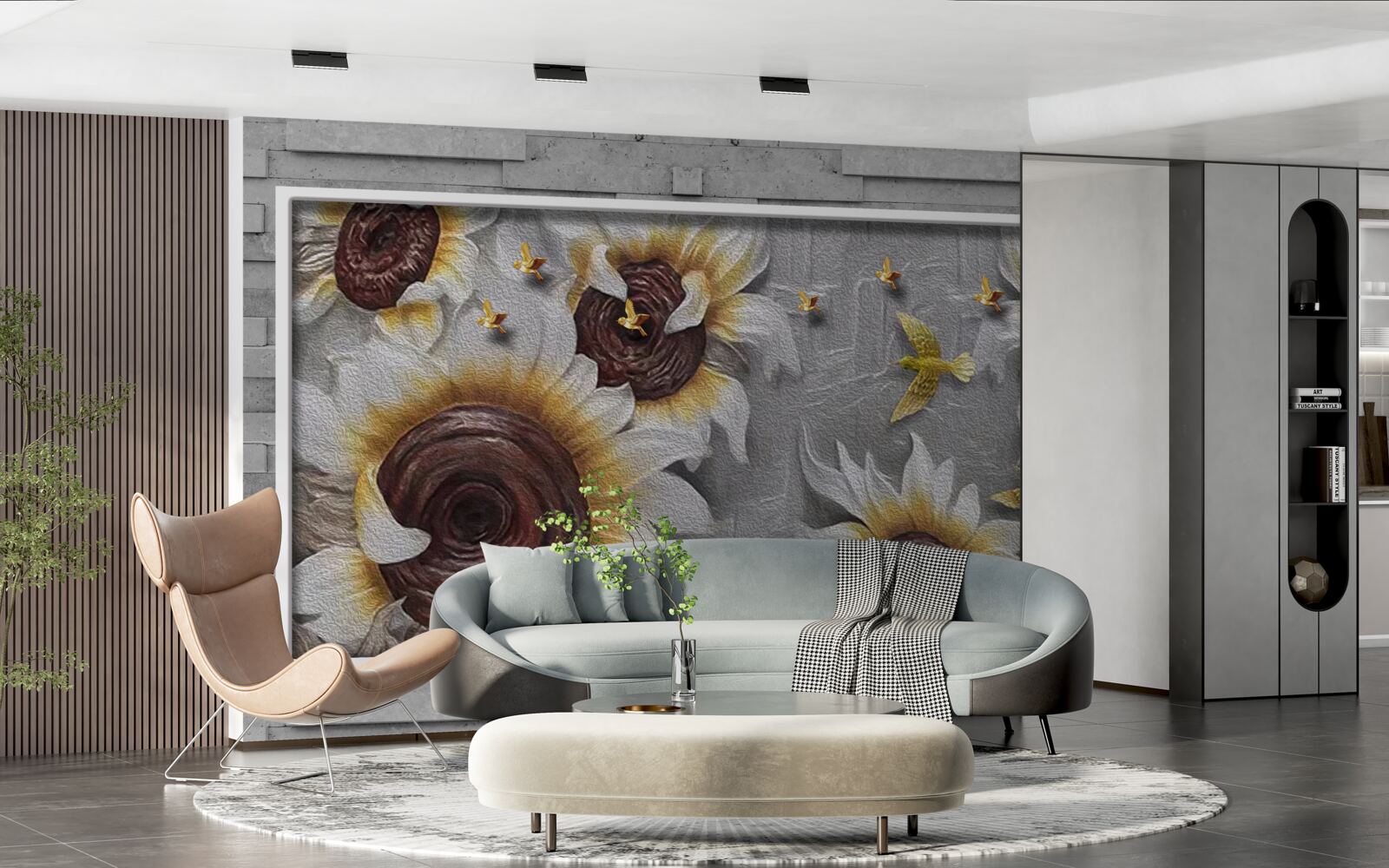 Fototapet floarea-soarelui albă și fluturi