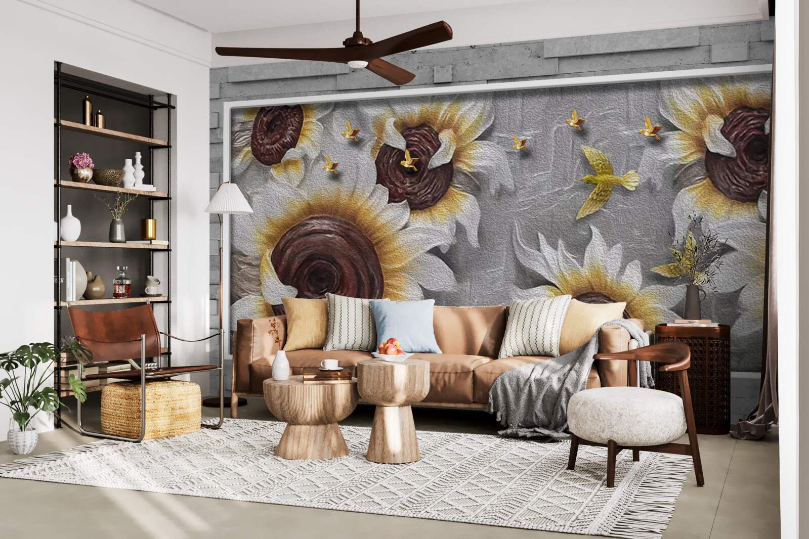 Fototapet floarea-soarelui albă și fluturi