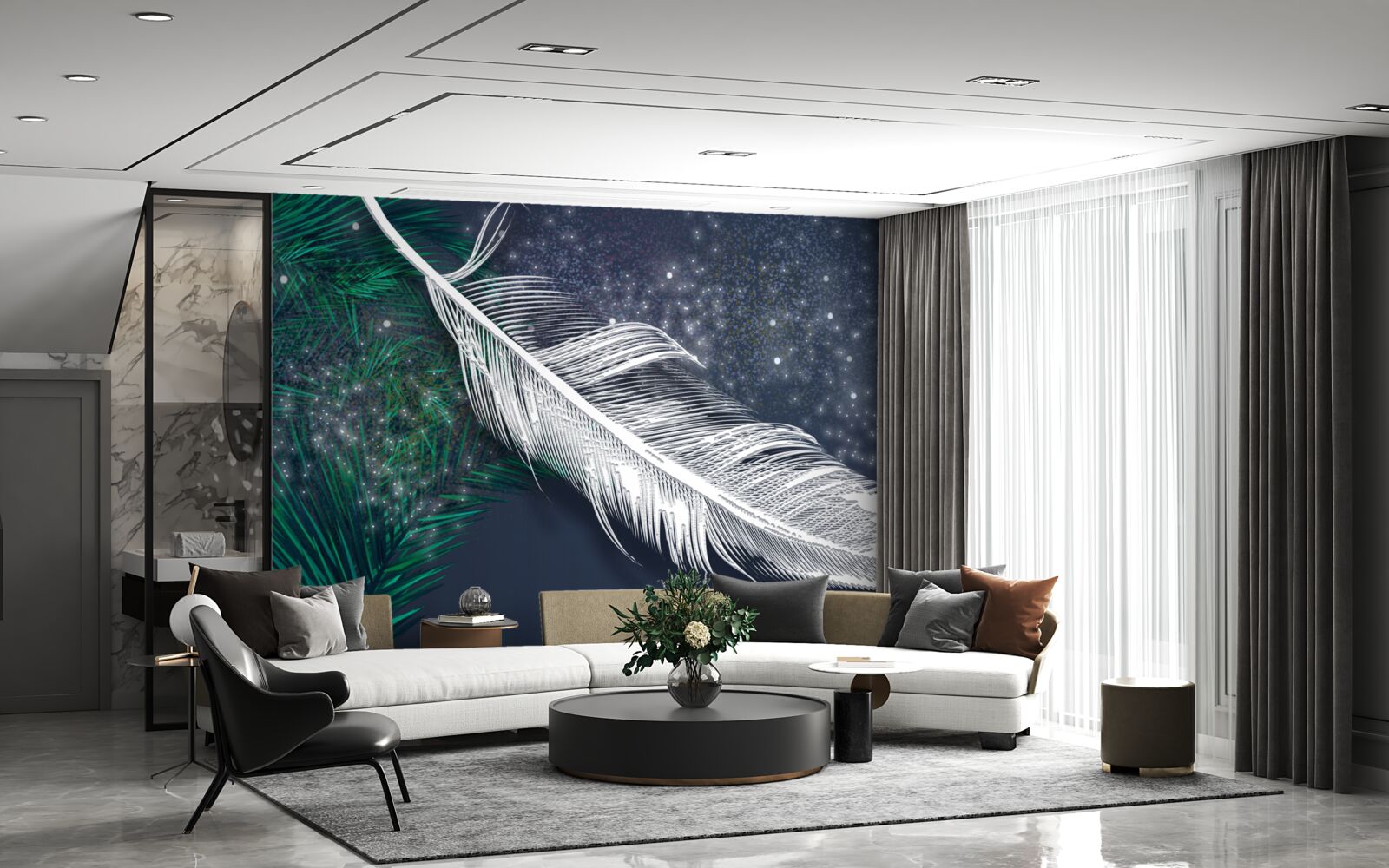 Fototapet plumaj volumetric alb ca zăpada