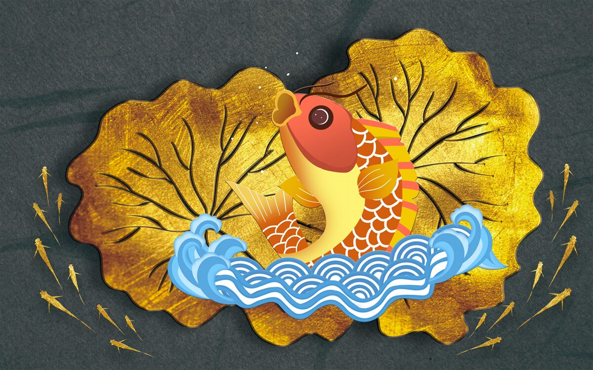 Fototapet frunze de toamnă și pești în apă