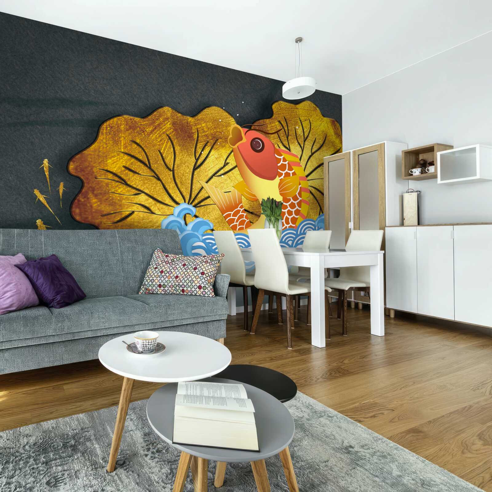 Fototapet frunze de toamnă și pești în apă