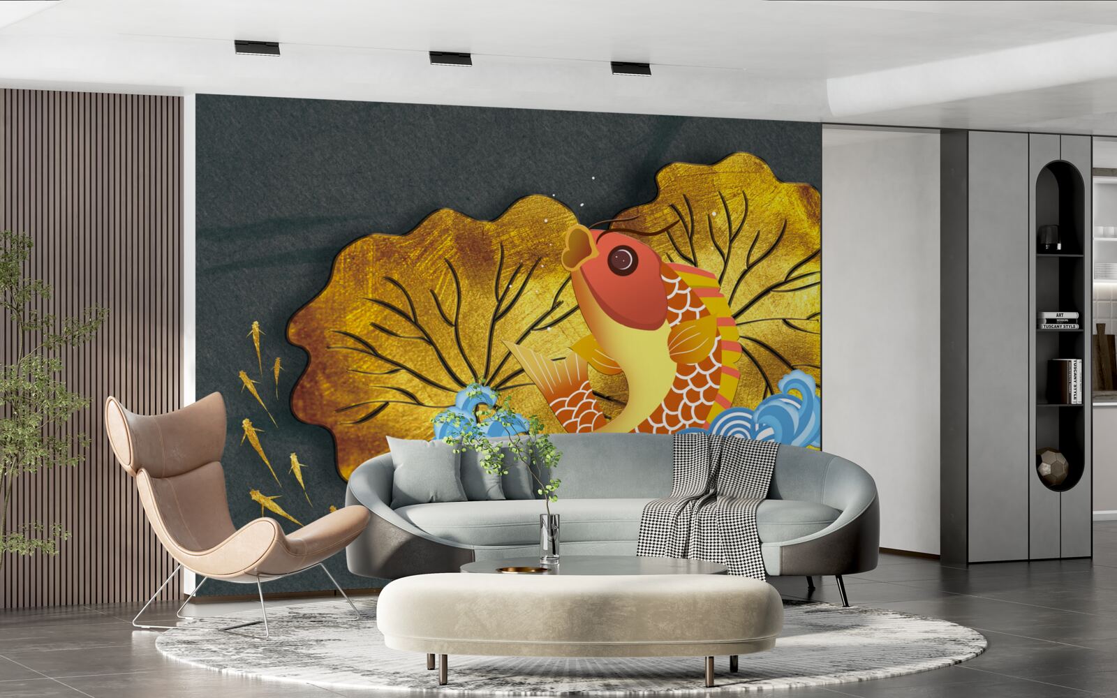 Fototapet frunze de toamnă și pești în apă