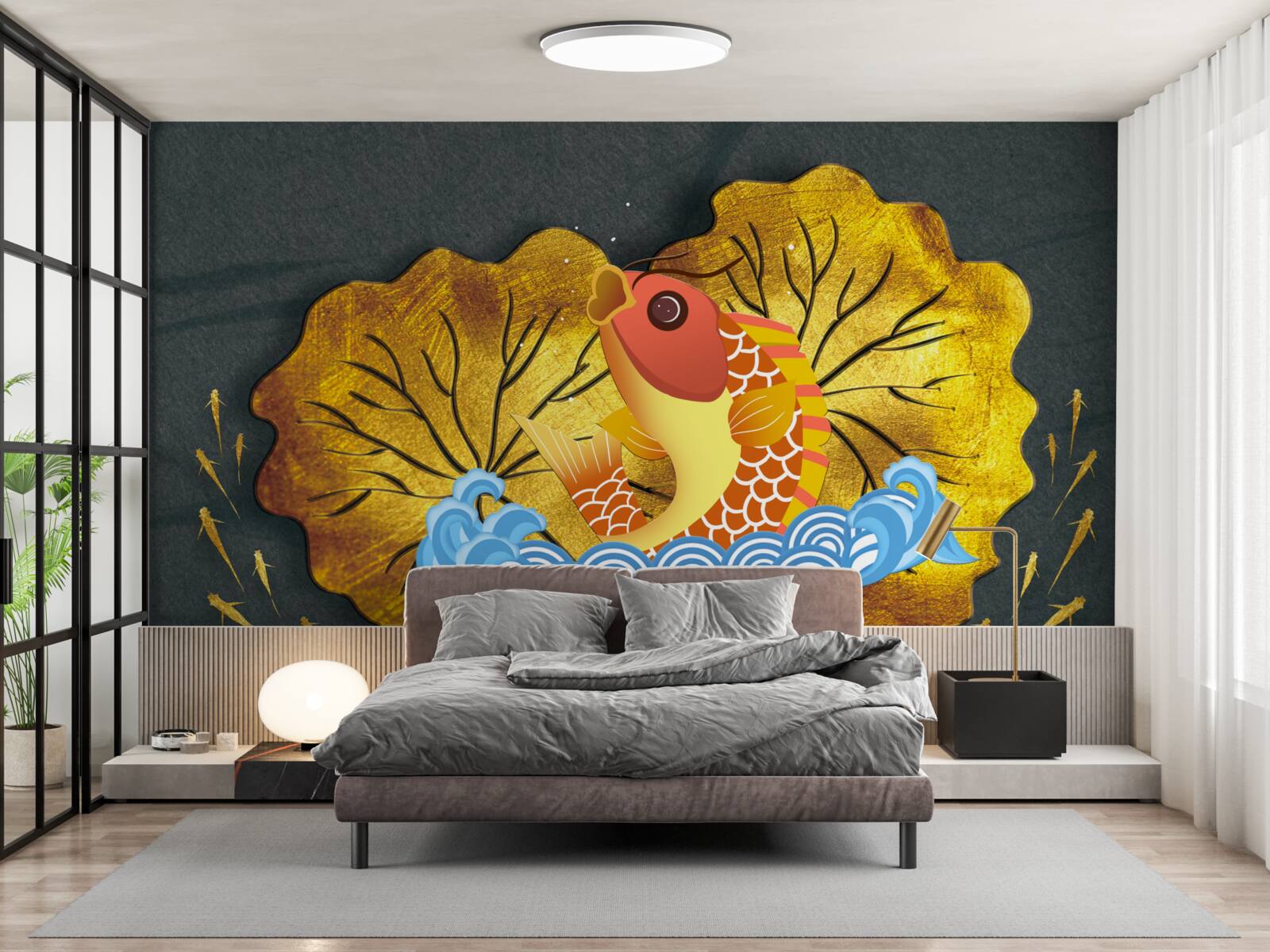 Fototapet frunze de toamnă și pești în apă