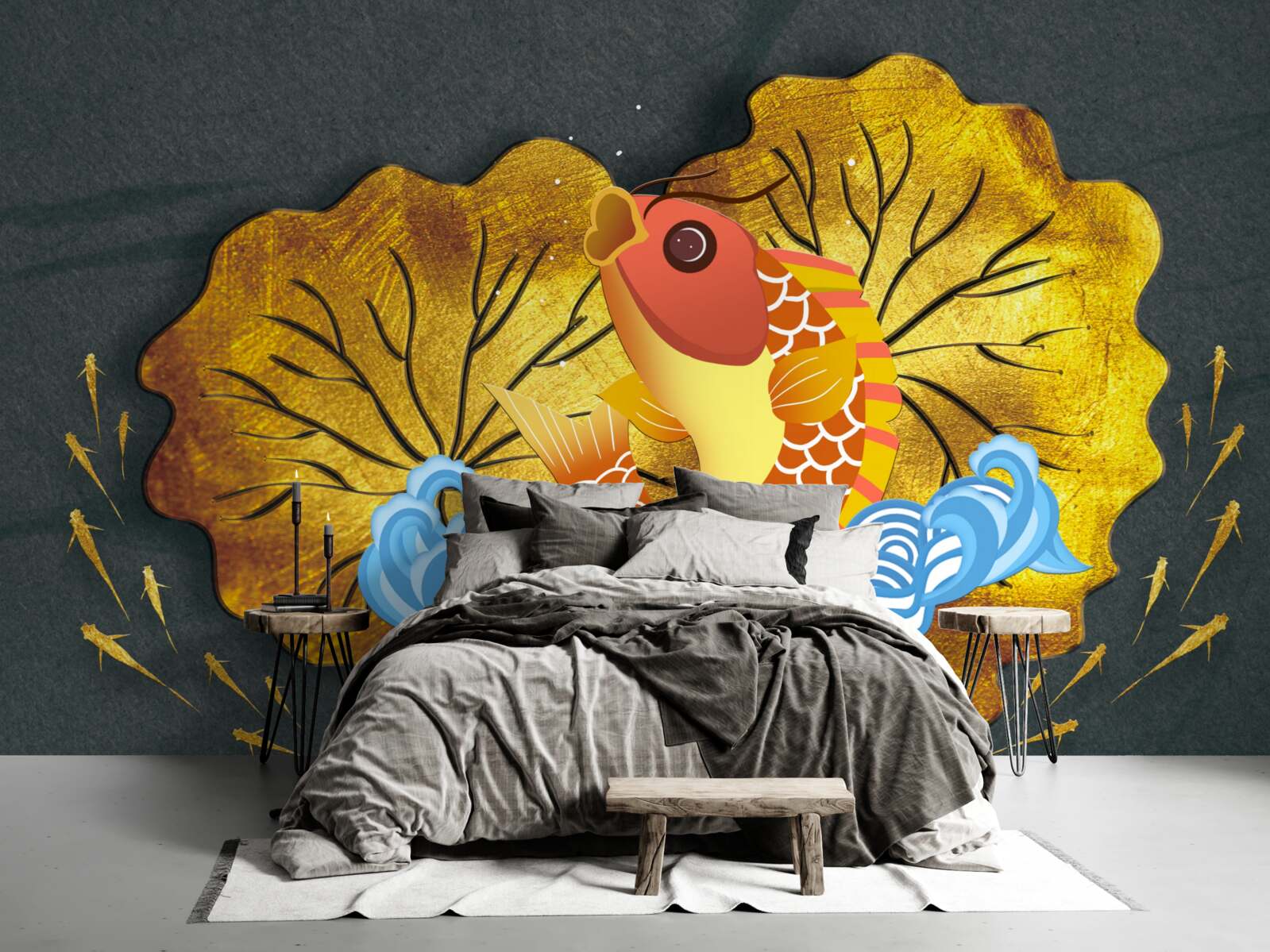 Fototapet frunze de toamnă și pești în apă