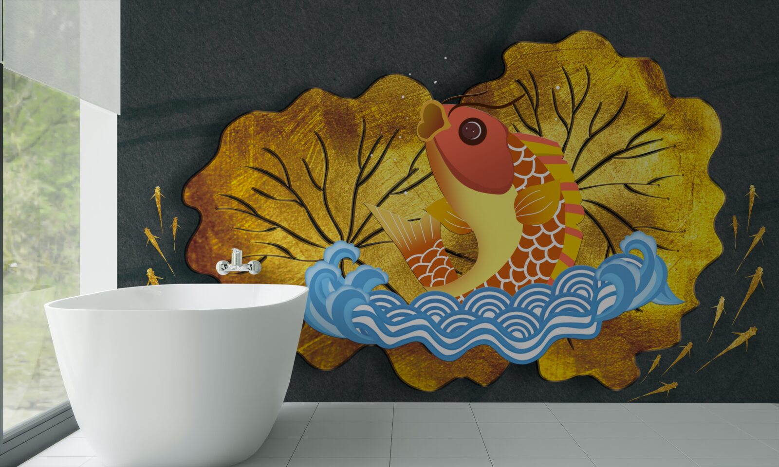 Fototapet frunze de toamnă și pești în apă