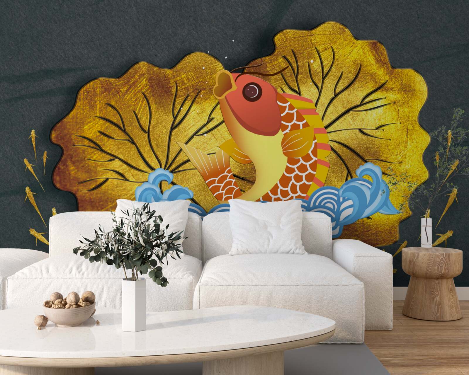 Fototapet frunze de toamnă și pești în apă