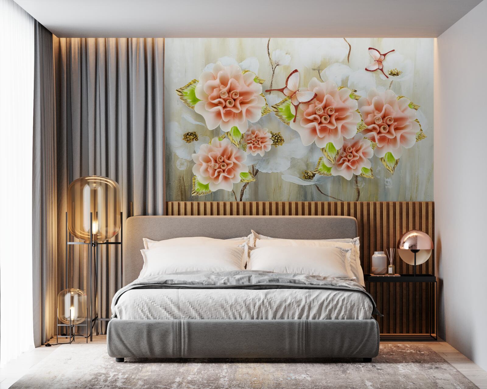 Fototapet timpul ploios este decorat cu flori delicate