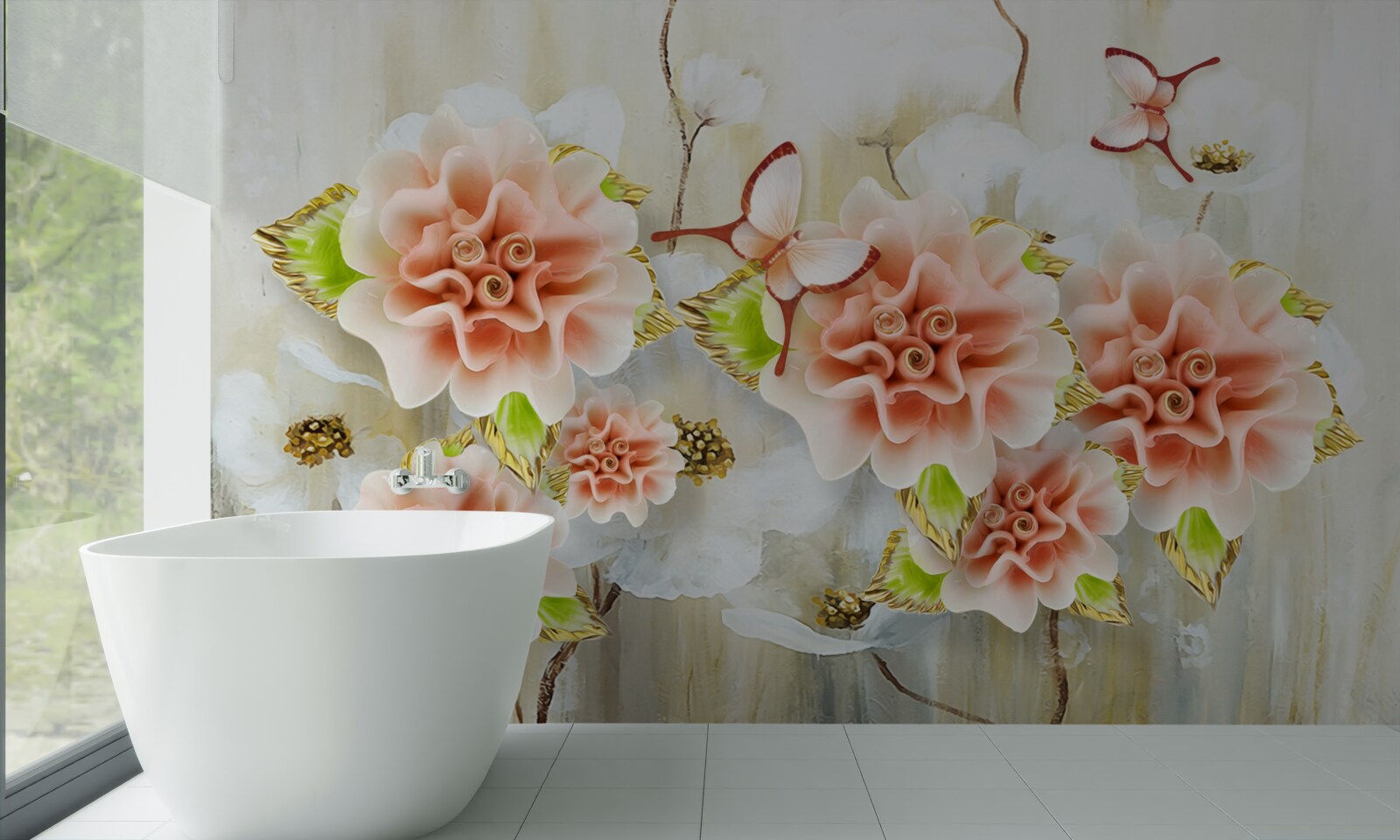 Fototapet timpul ploios este decorat cu flori delicate