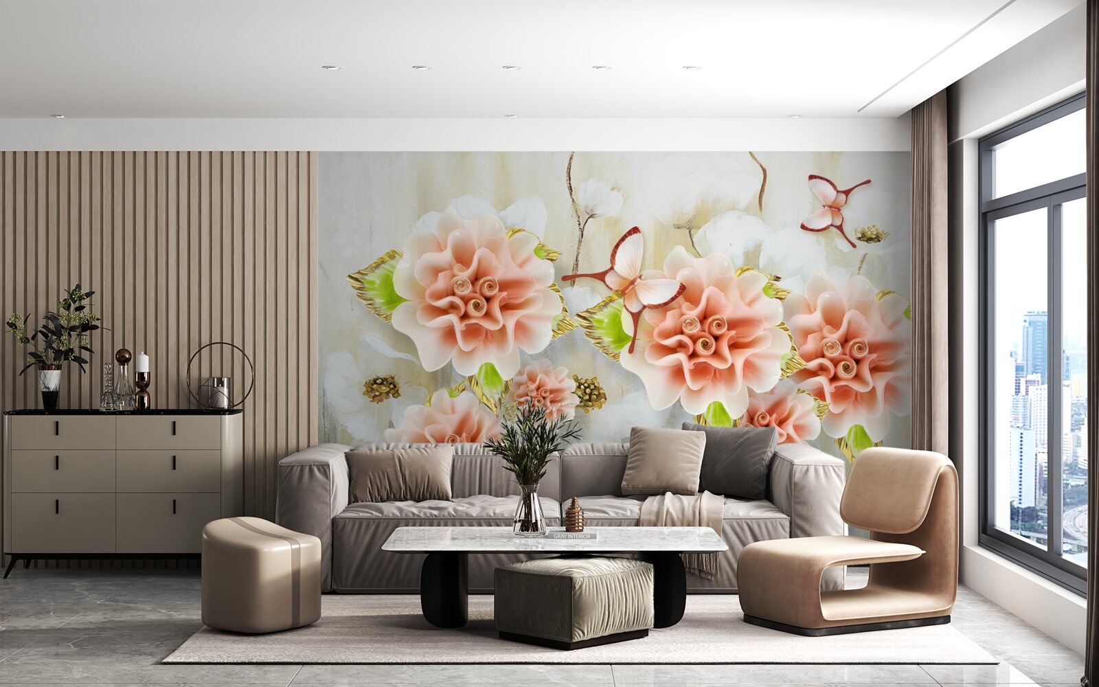 Fototapet timpul ploios este decorat cu flori delicate