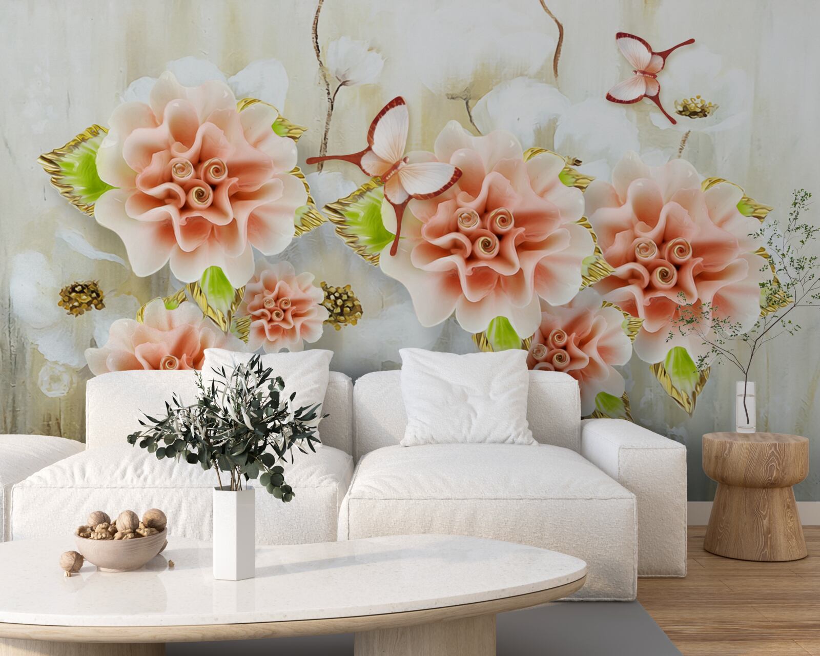 Fototapet timpul ploios este decorat cu flori delicate