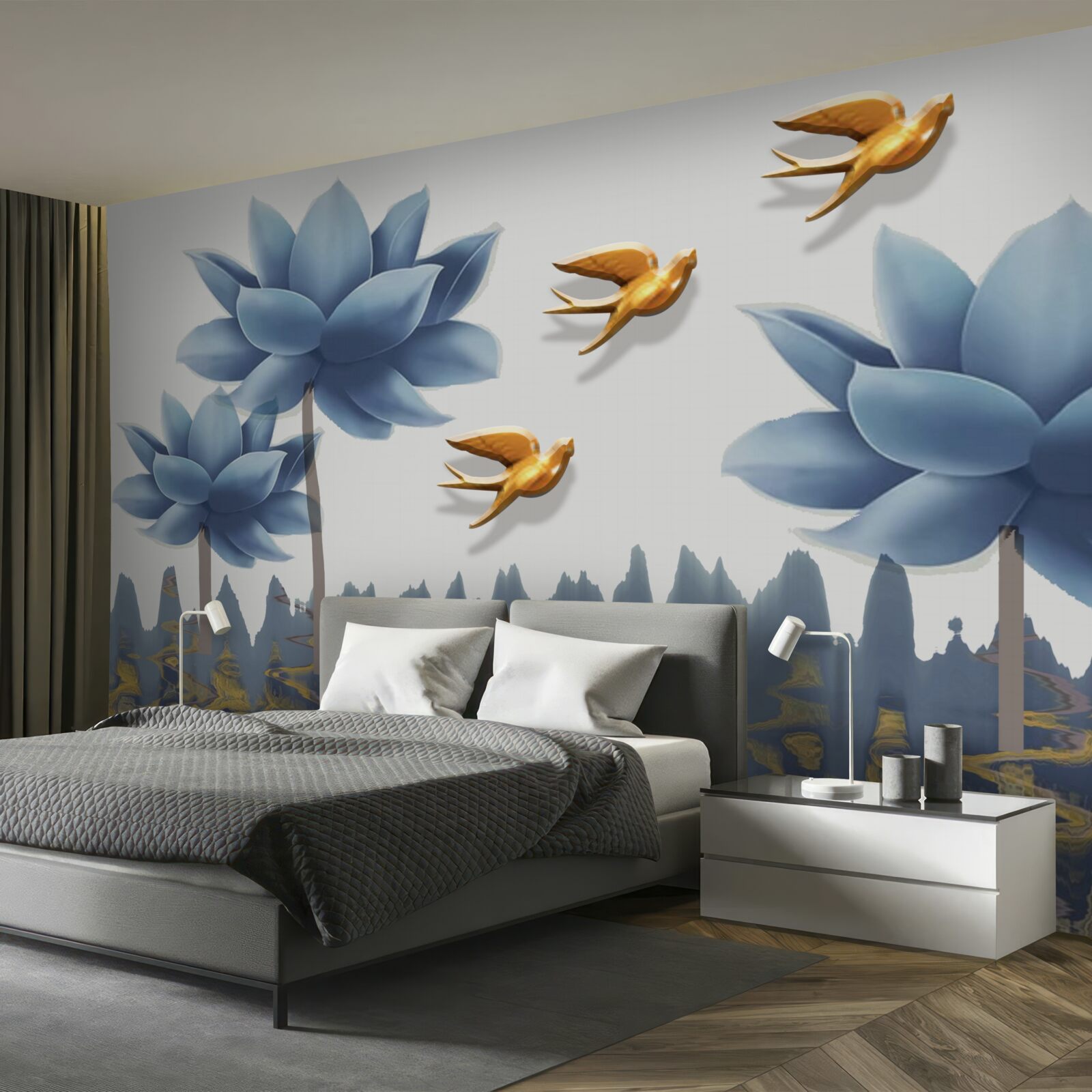 Fototapet păsări aurii zboară peste o pajiște presărată cu flori