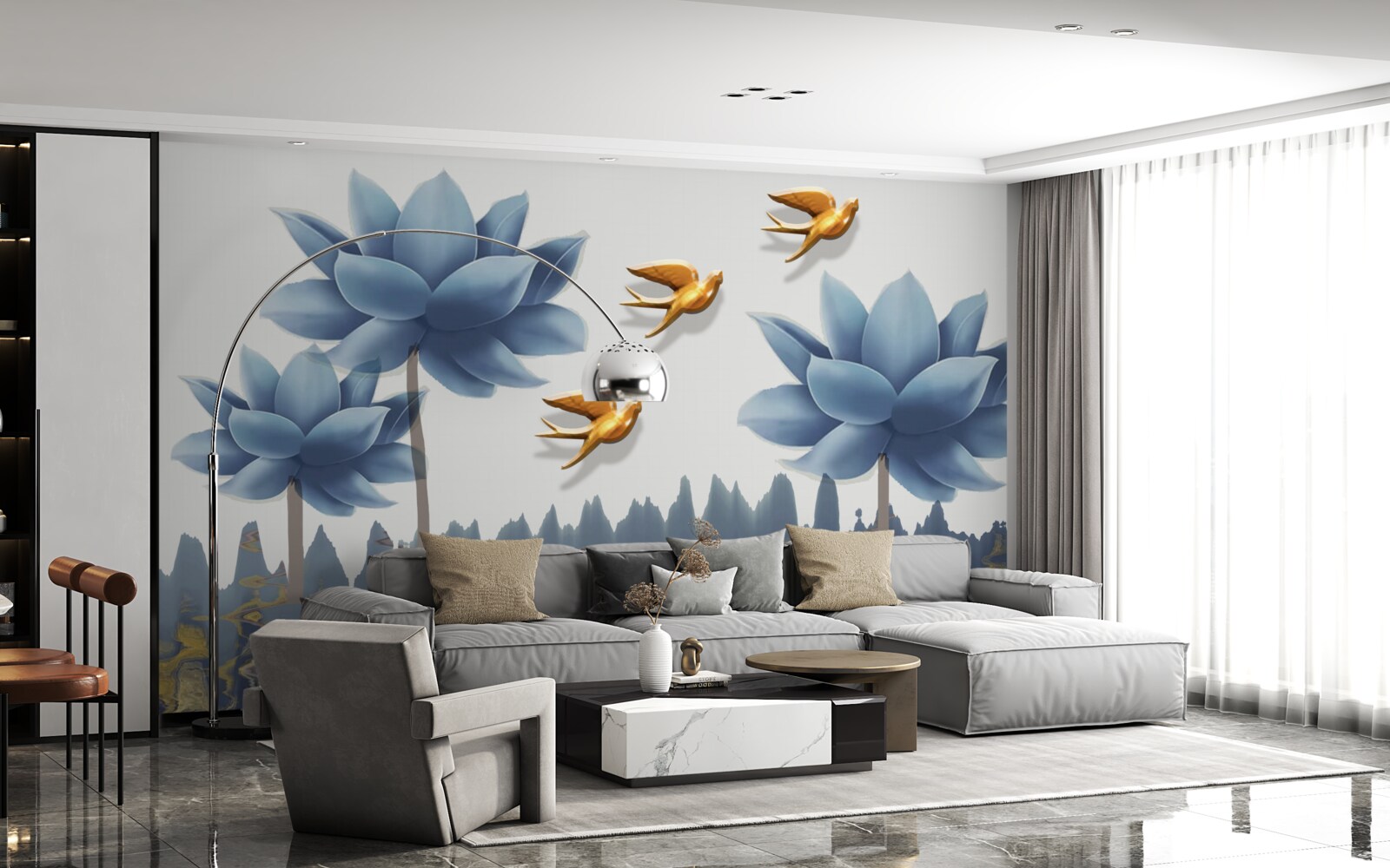 Fototapet păsări aurii zboară peste o pajiște presărată cu flori