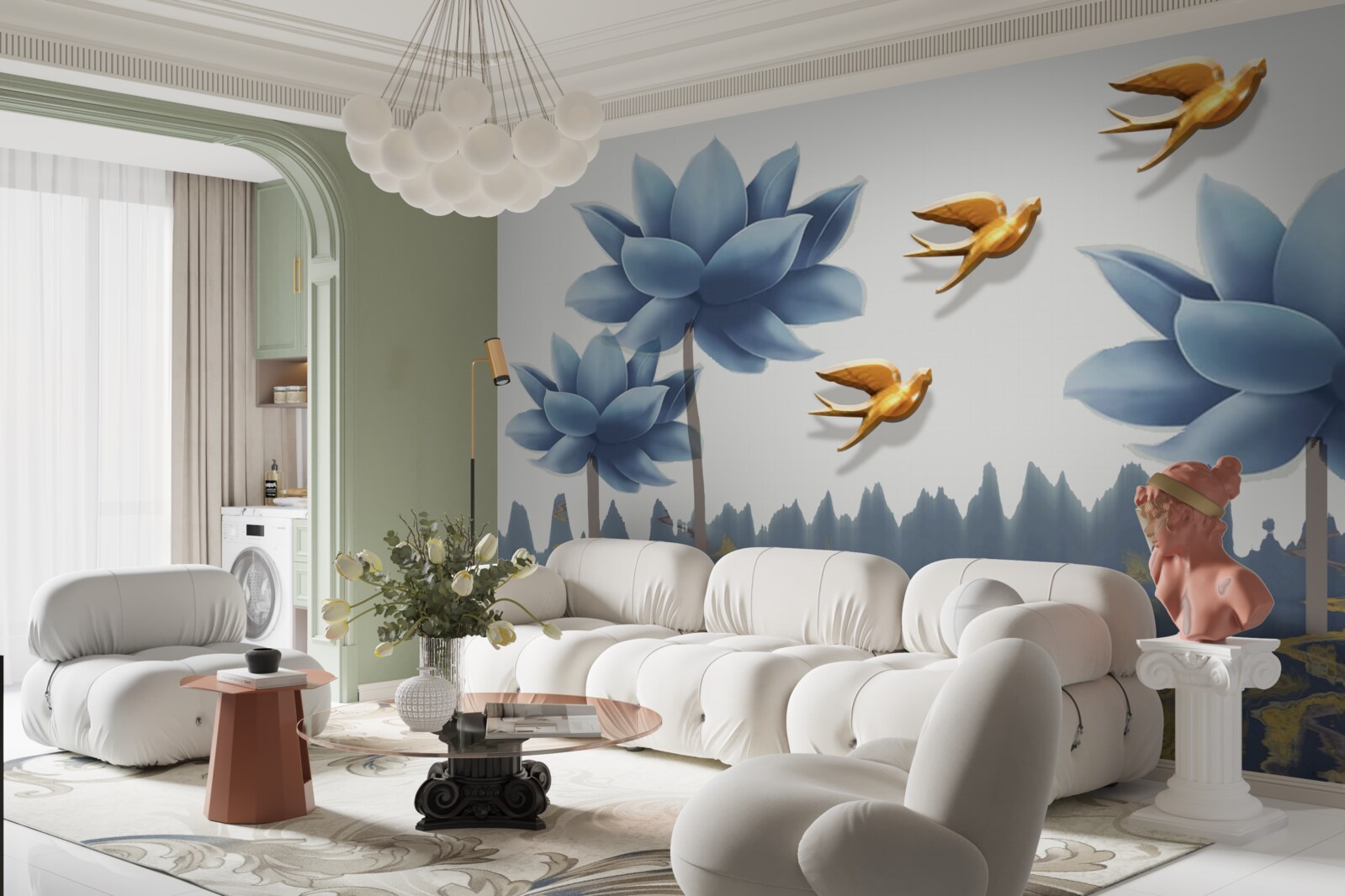 Fototapet păsări aurii zboară peste o pajiște presărată cu flori