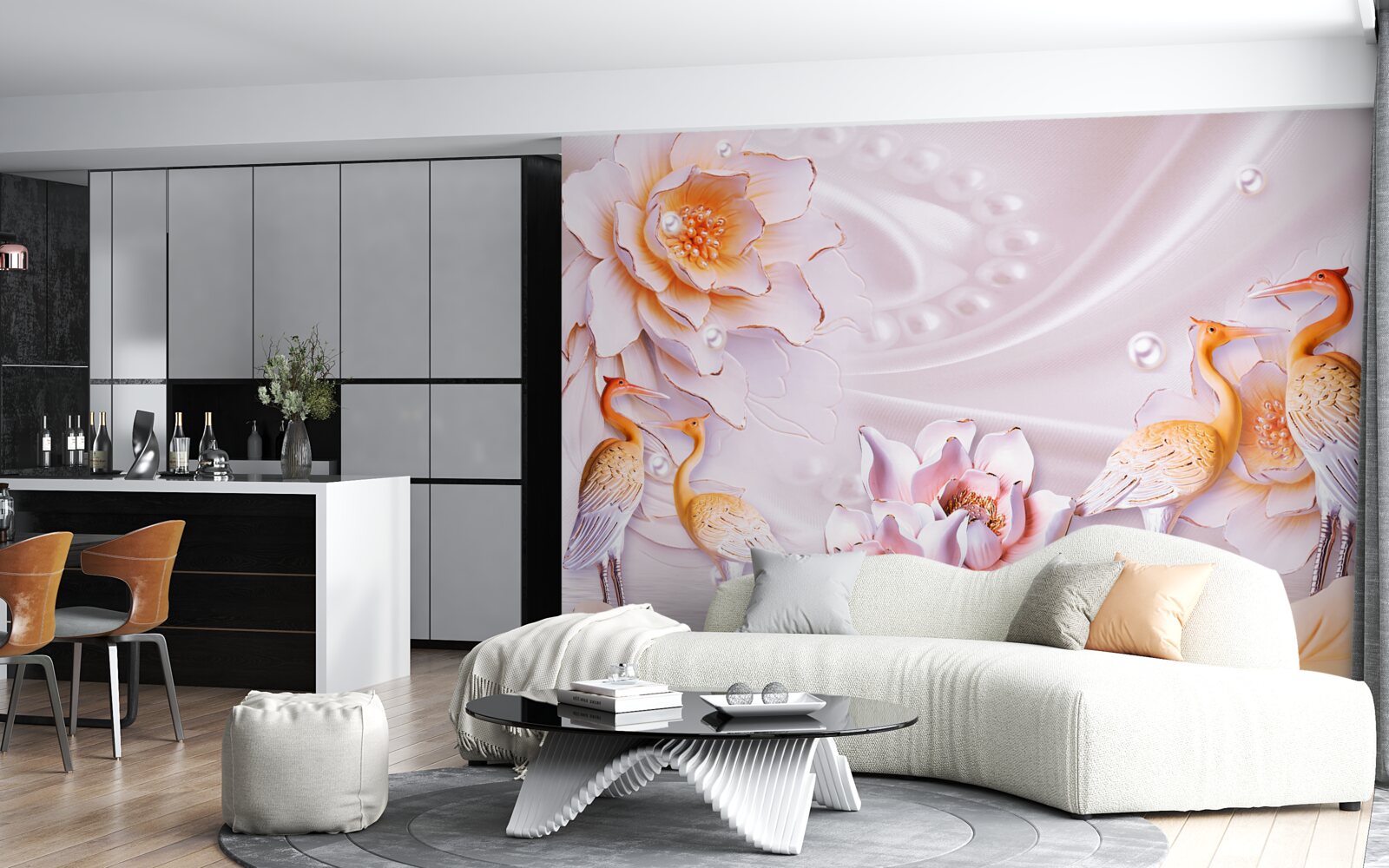 Fototapet stol de păsări și trandafiri cărămiziu pe mătase