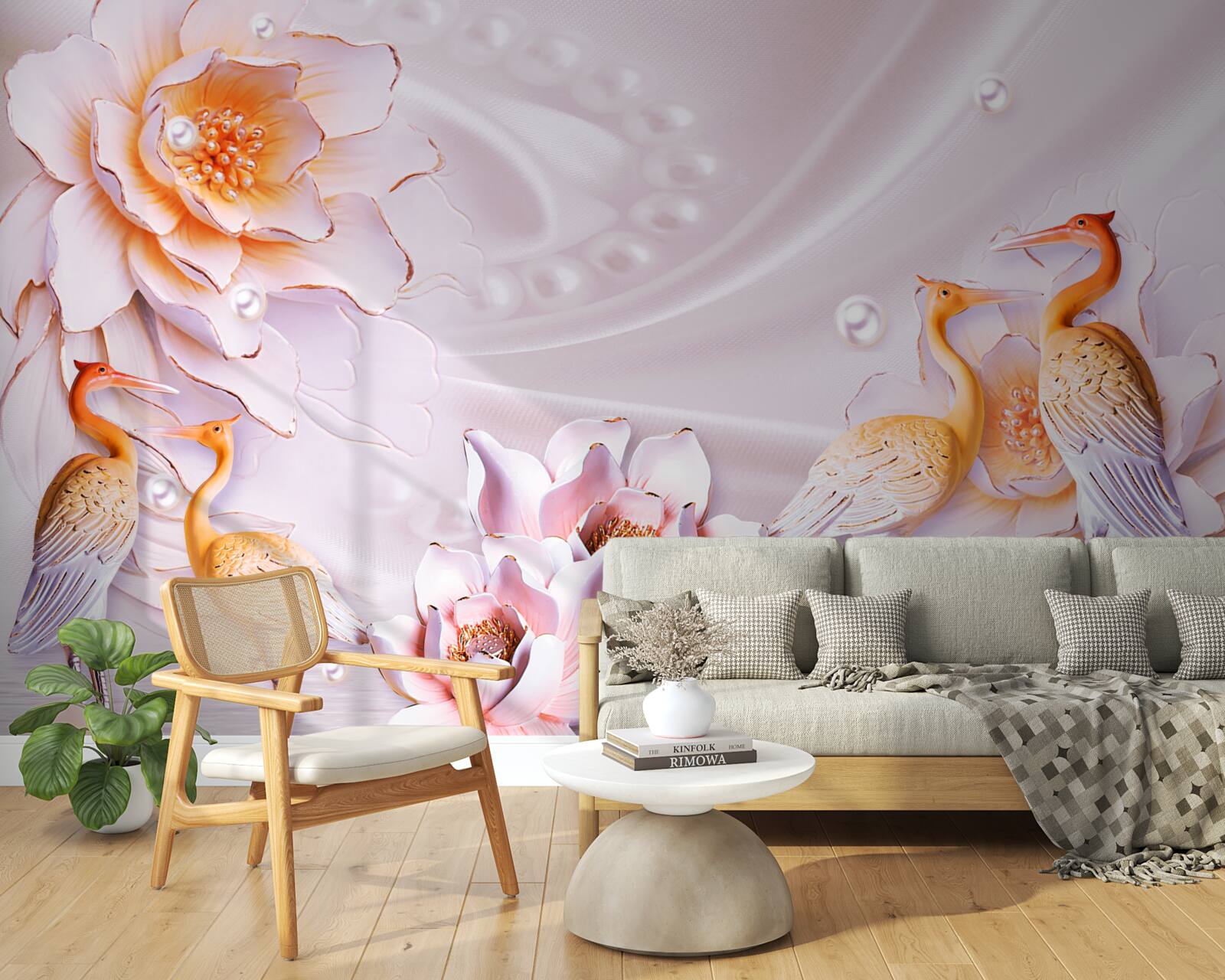 Fototapet stol de păsări și trandafiri cărămiziu pe mătase