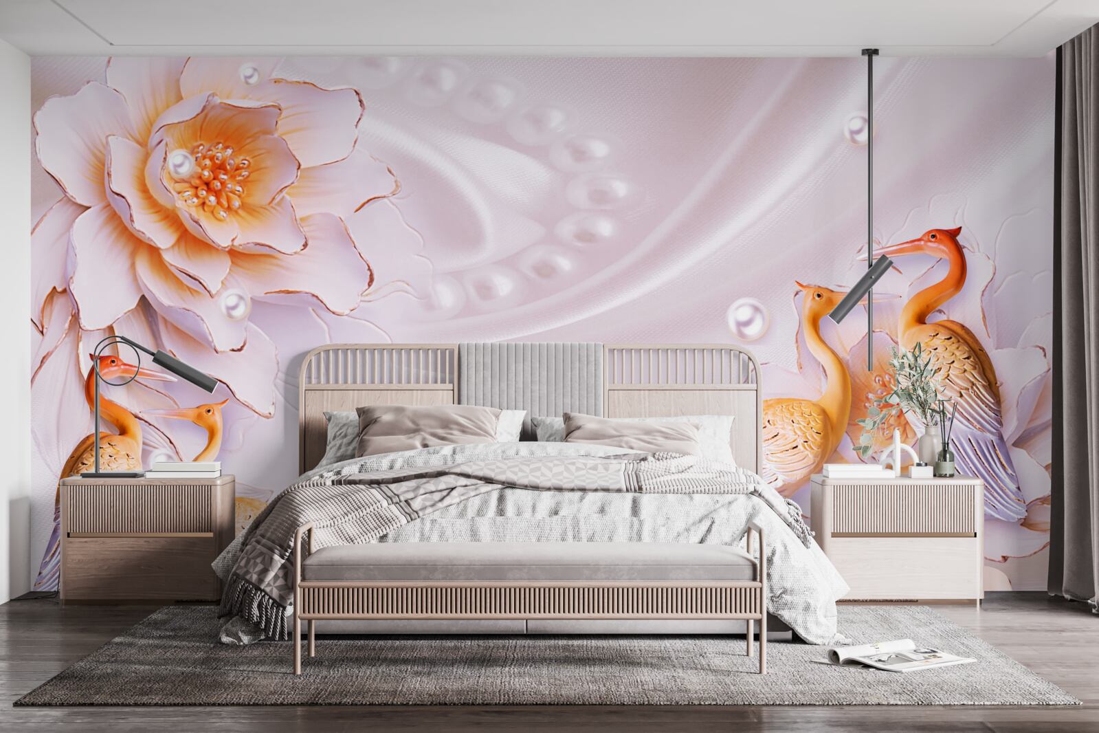 Fototapet stol de păsări și trandafiri cărămiziu pe mătase