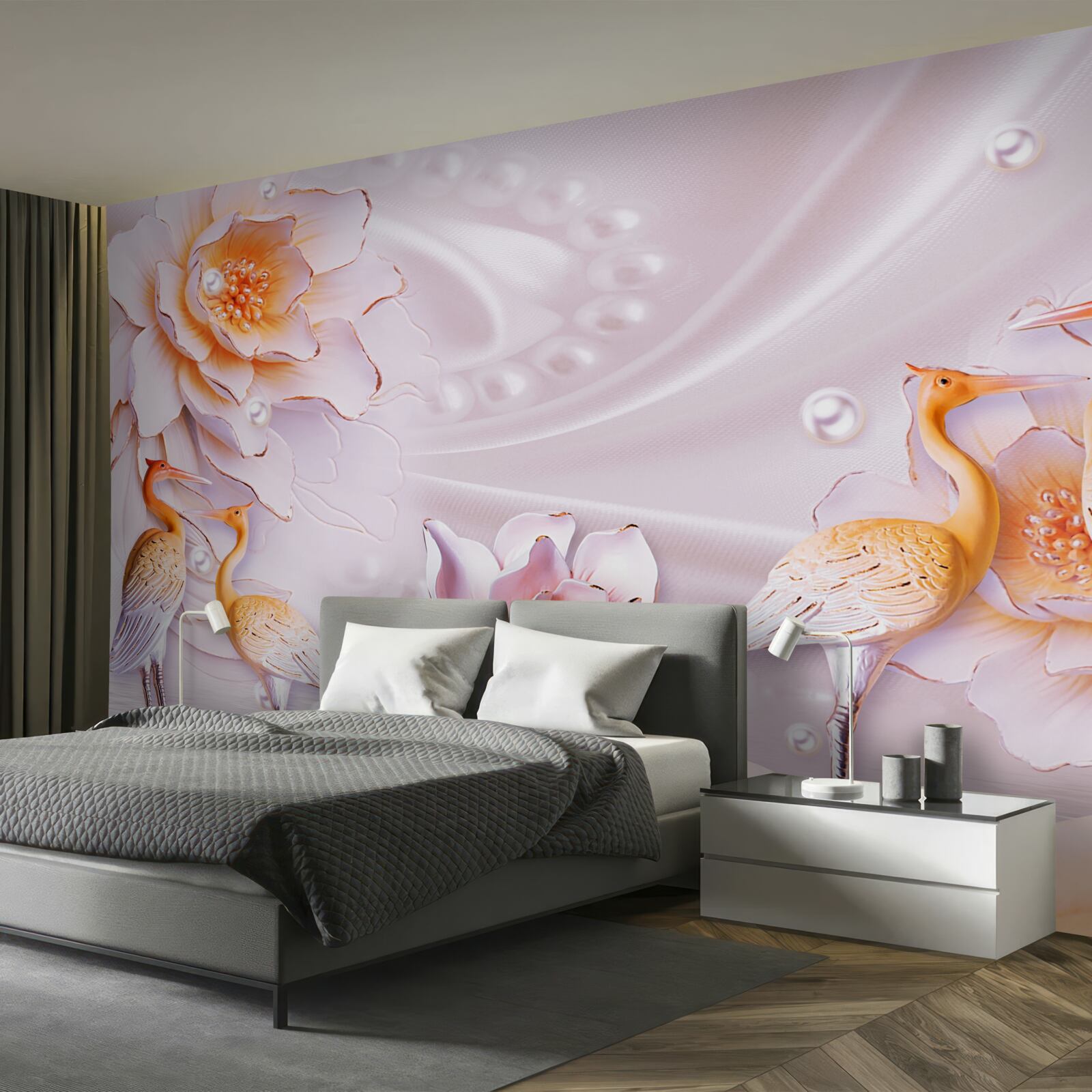 Fototapet stol de păsări și trandafiri cărămiziu pe mătase