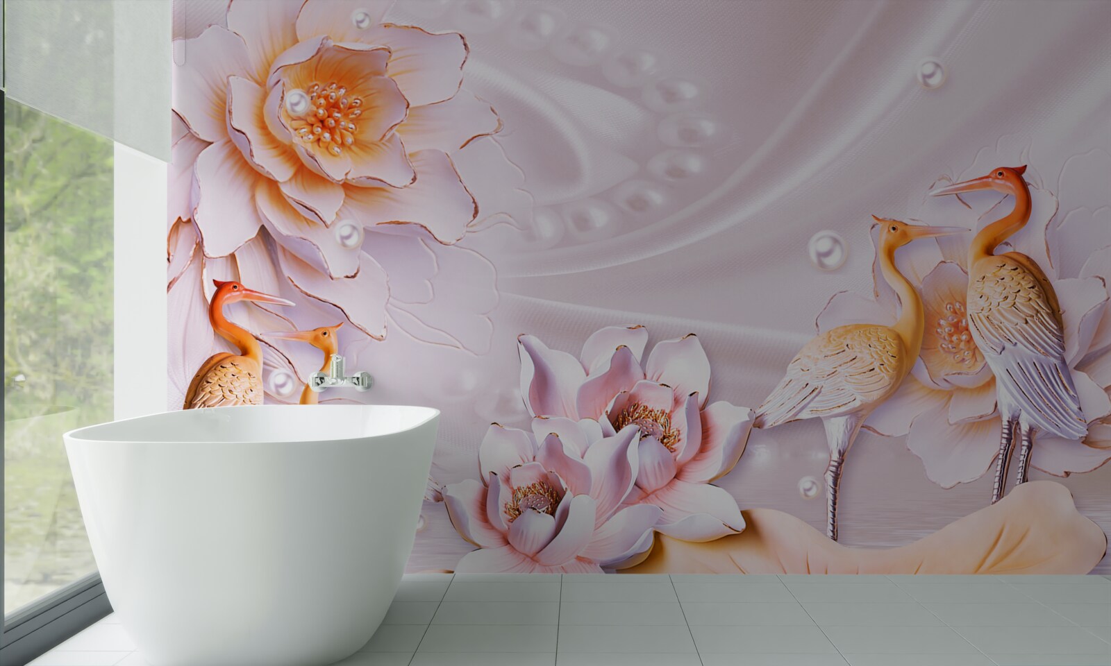 Fototapet stol de păsări și trandafiri cărămiziu pe mătase