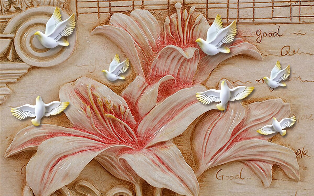 Fototapet crini roz și lebede ușoare