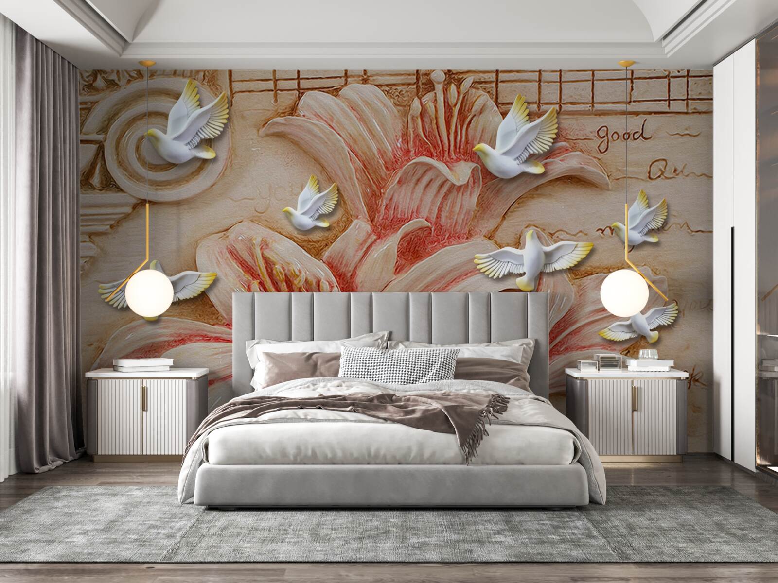 Fototapet crini roz și lebede ușoare