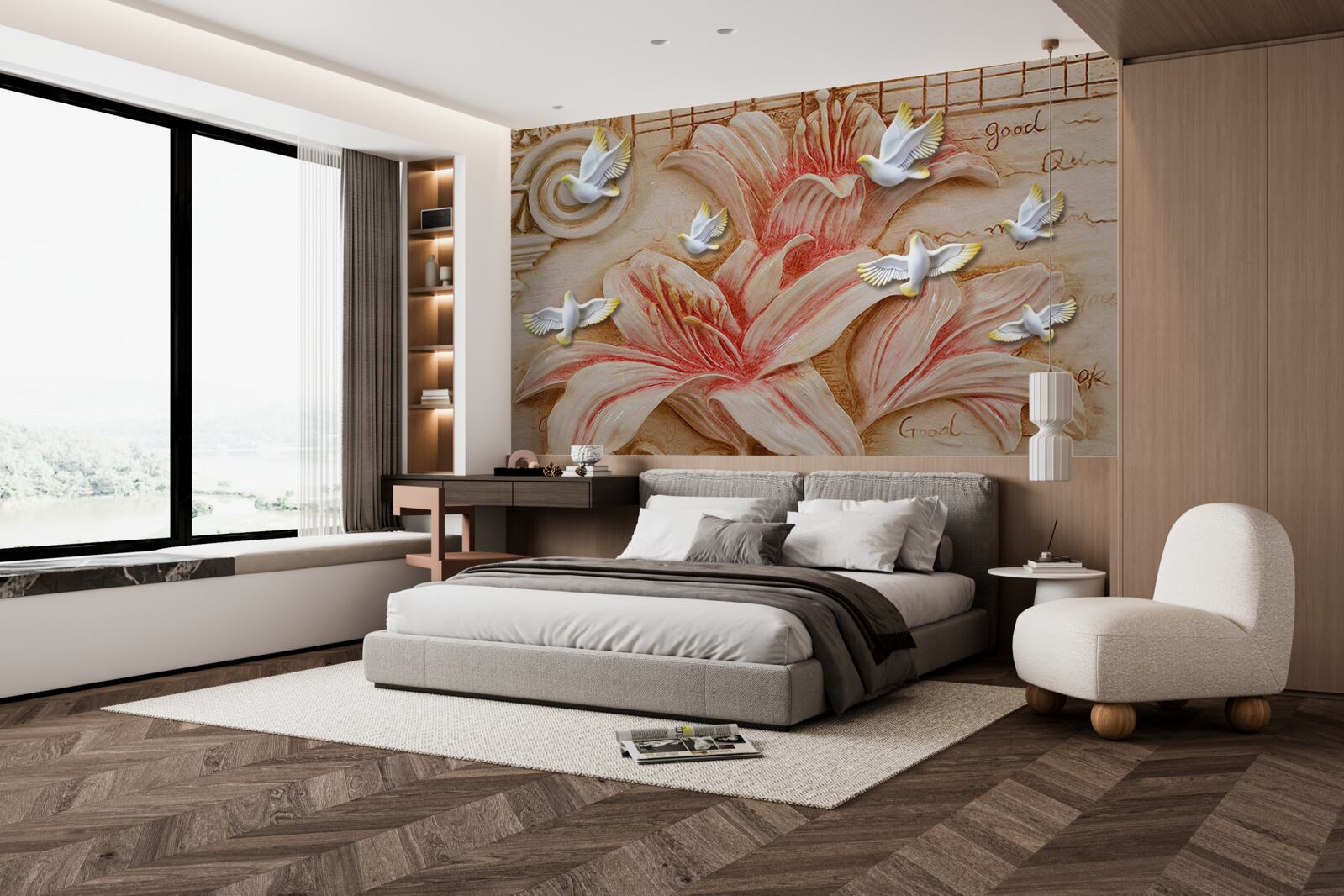 Fototapet crini roz și lebede ușoare