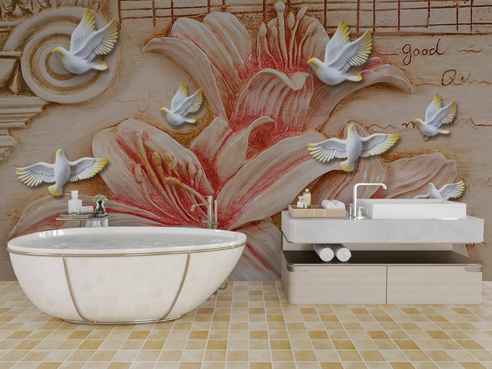 Fototapet crini roz și lebede ușoare