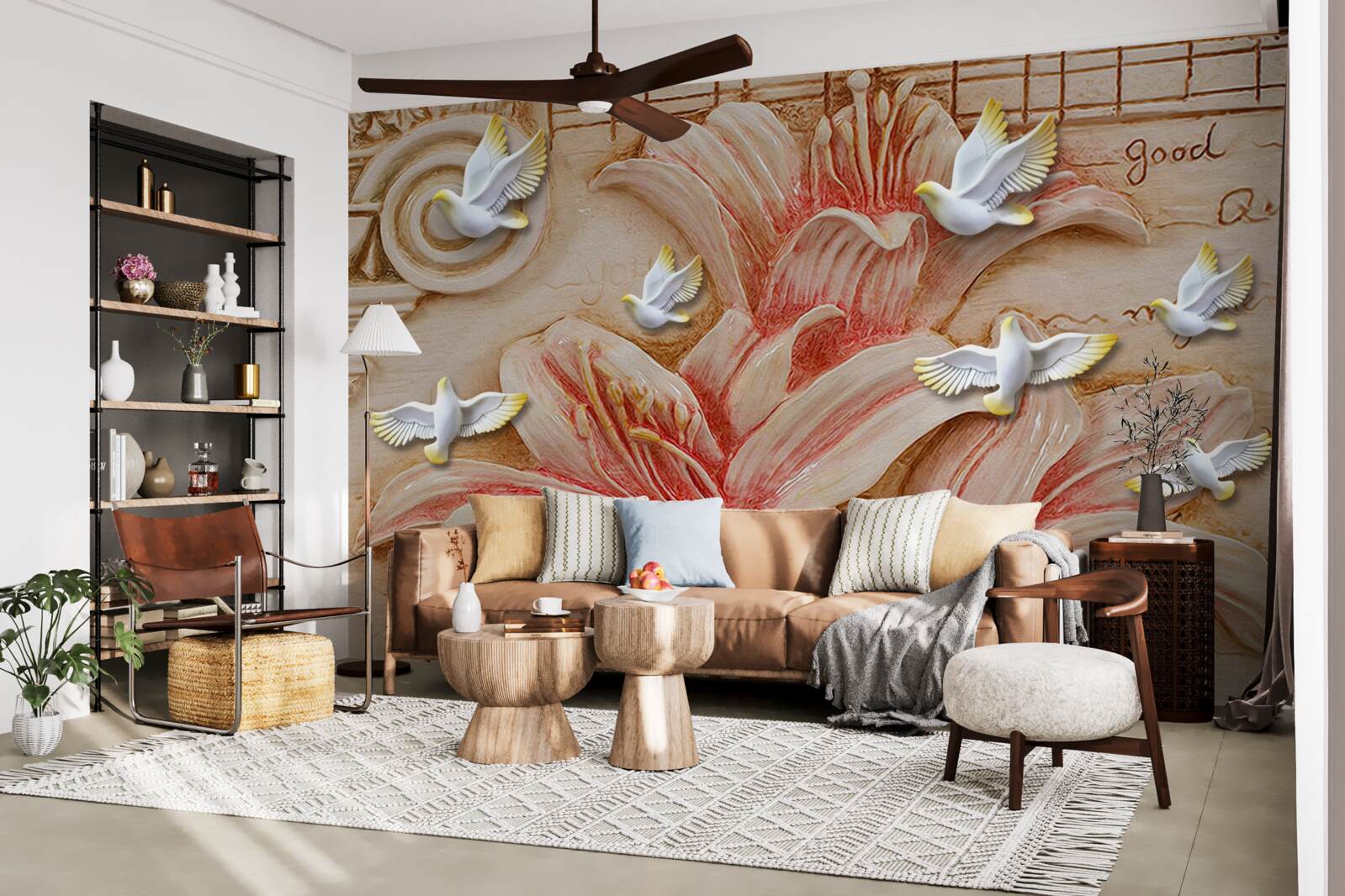 Fototapet crini roz și lebede ușoare