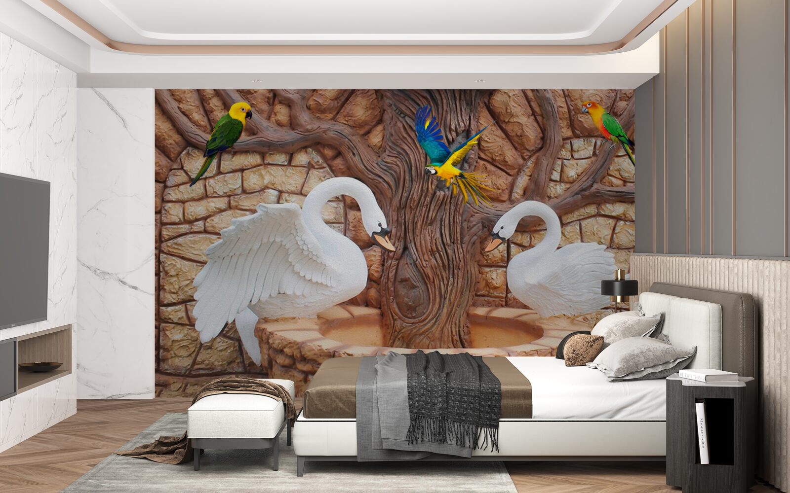 Fototapet două lebede lângă un iaz