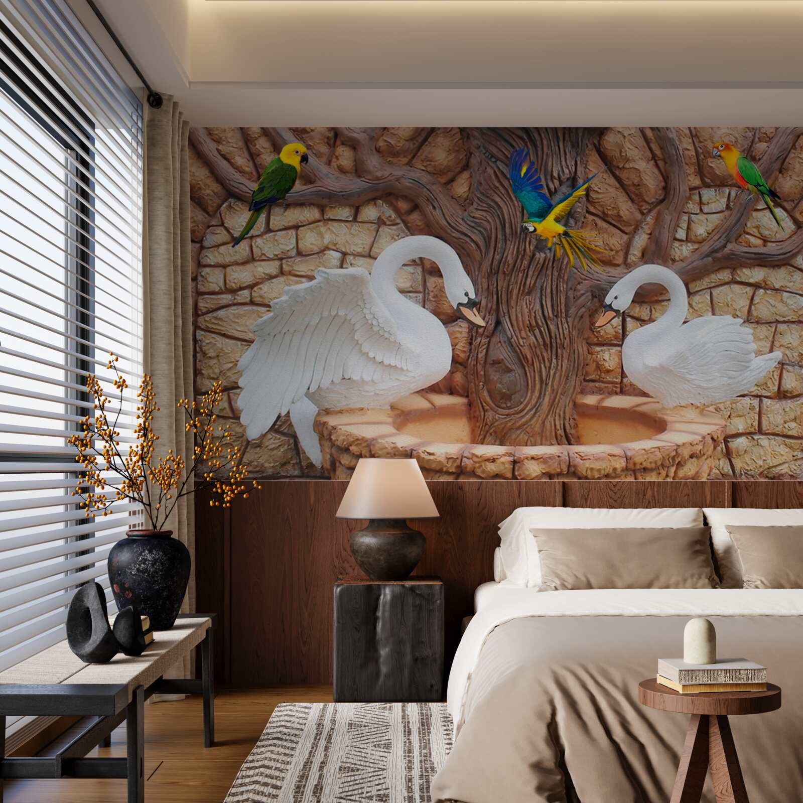 Fototapet două lebede lângă un iaz