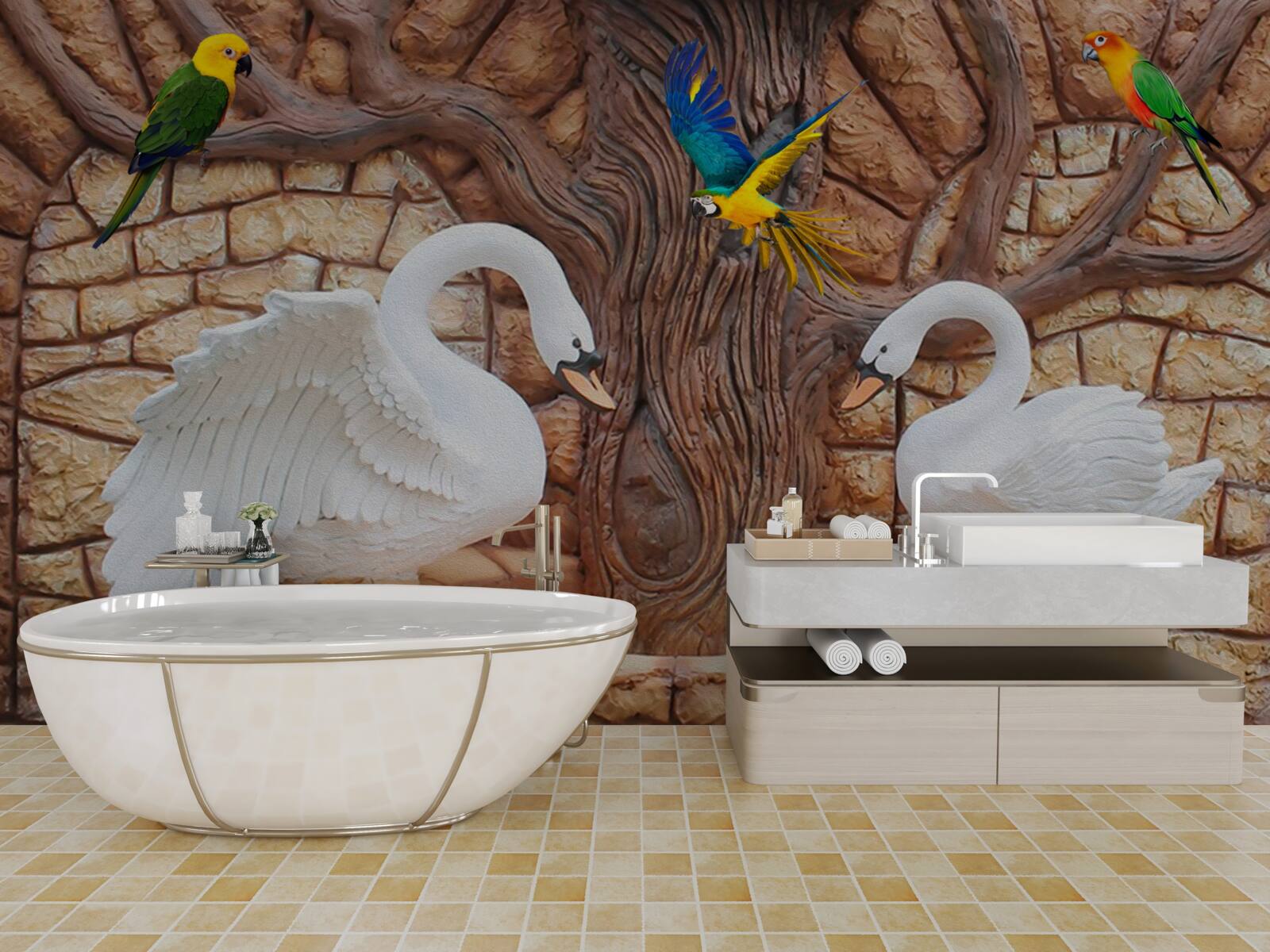 Fototapet două lebede lângă un iaz