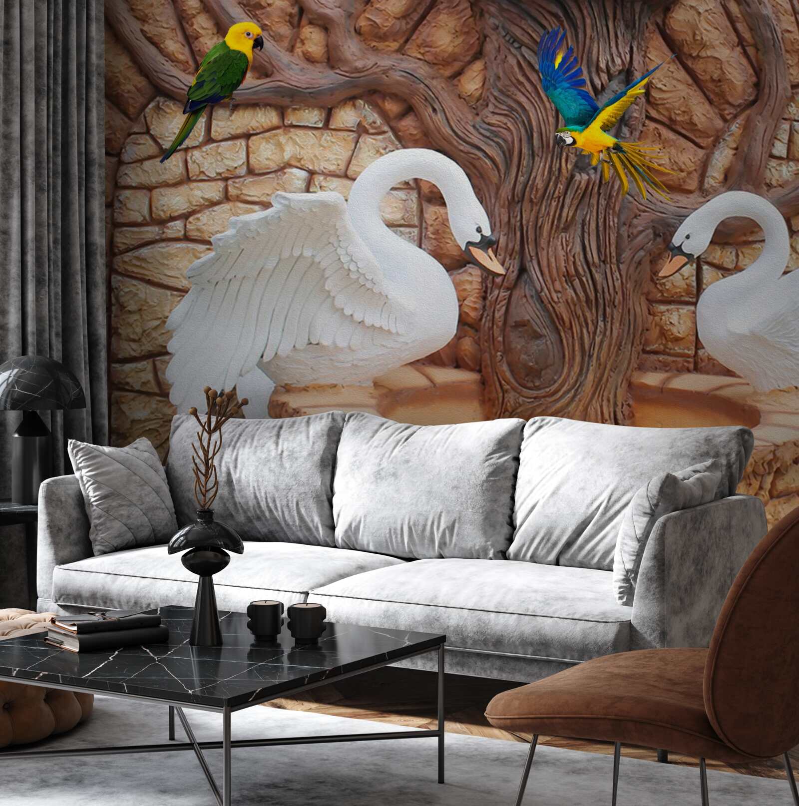 Fototapet două lebede lângă un iaz