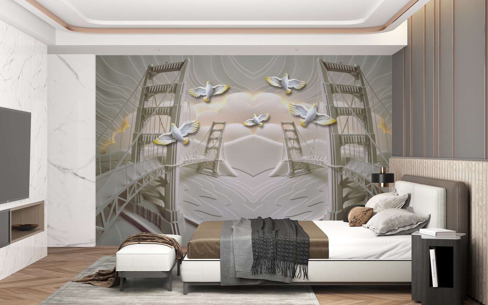 Fototapet reflecție a lebedelor peste poduri