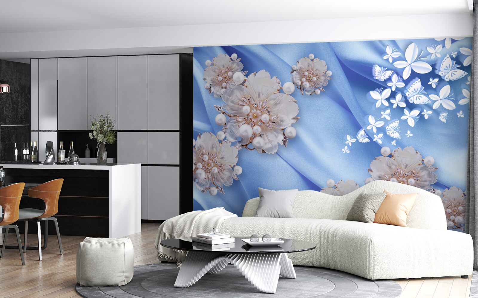 Fototapet fluturi și flori albe pe mătase albastră